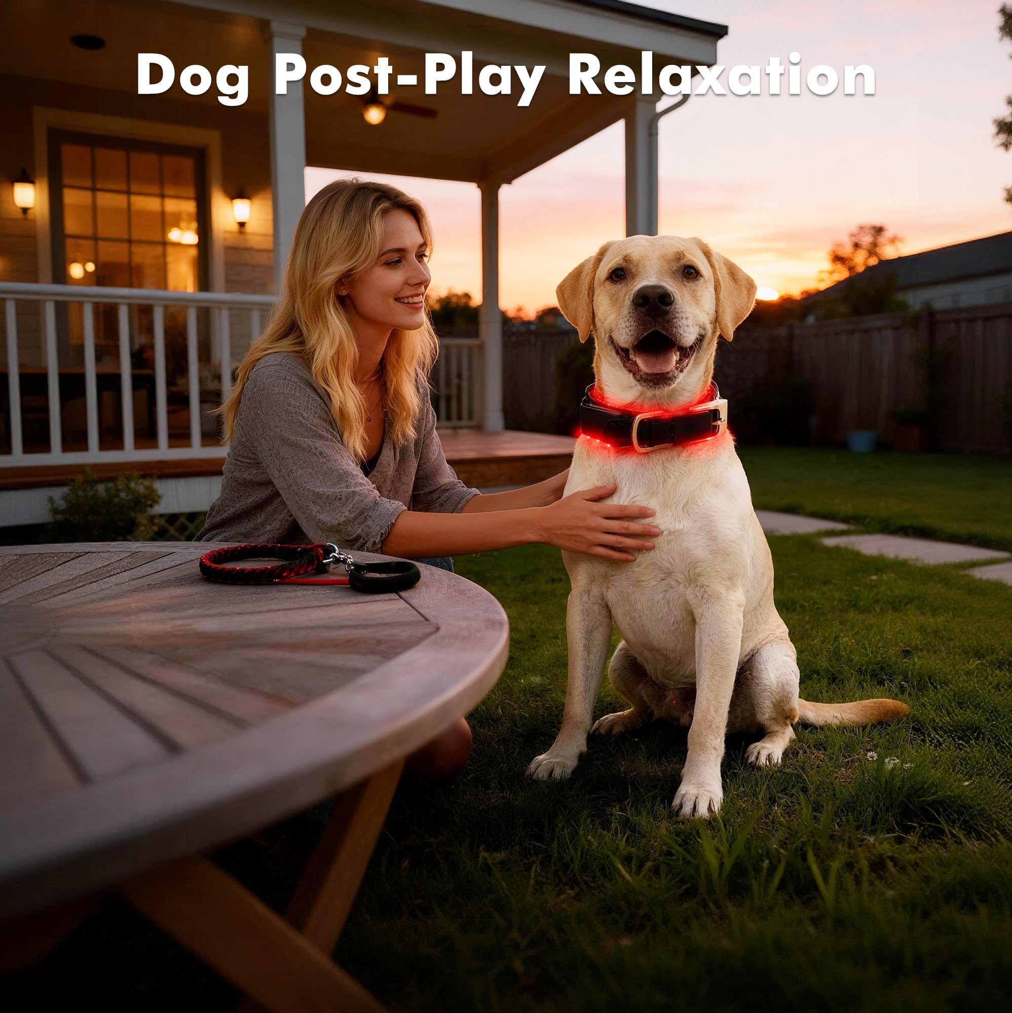 Clocness after-walk relaxation scene shows soothing light aiding cooldown for dogs.