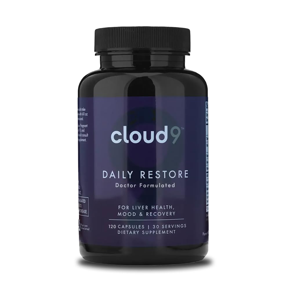 Cloud9 Daily Restore bottle front view highlights liver support formula for daily wellness.