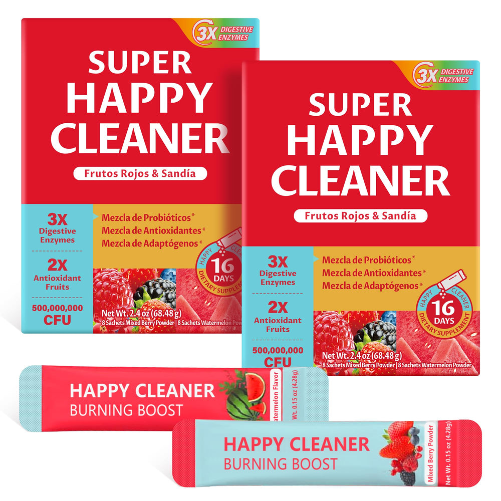 CMYYDX Super Happy Cleaner Powder tub front showing vegan, sugar-free formula for daily wellness.