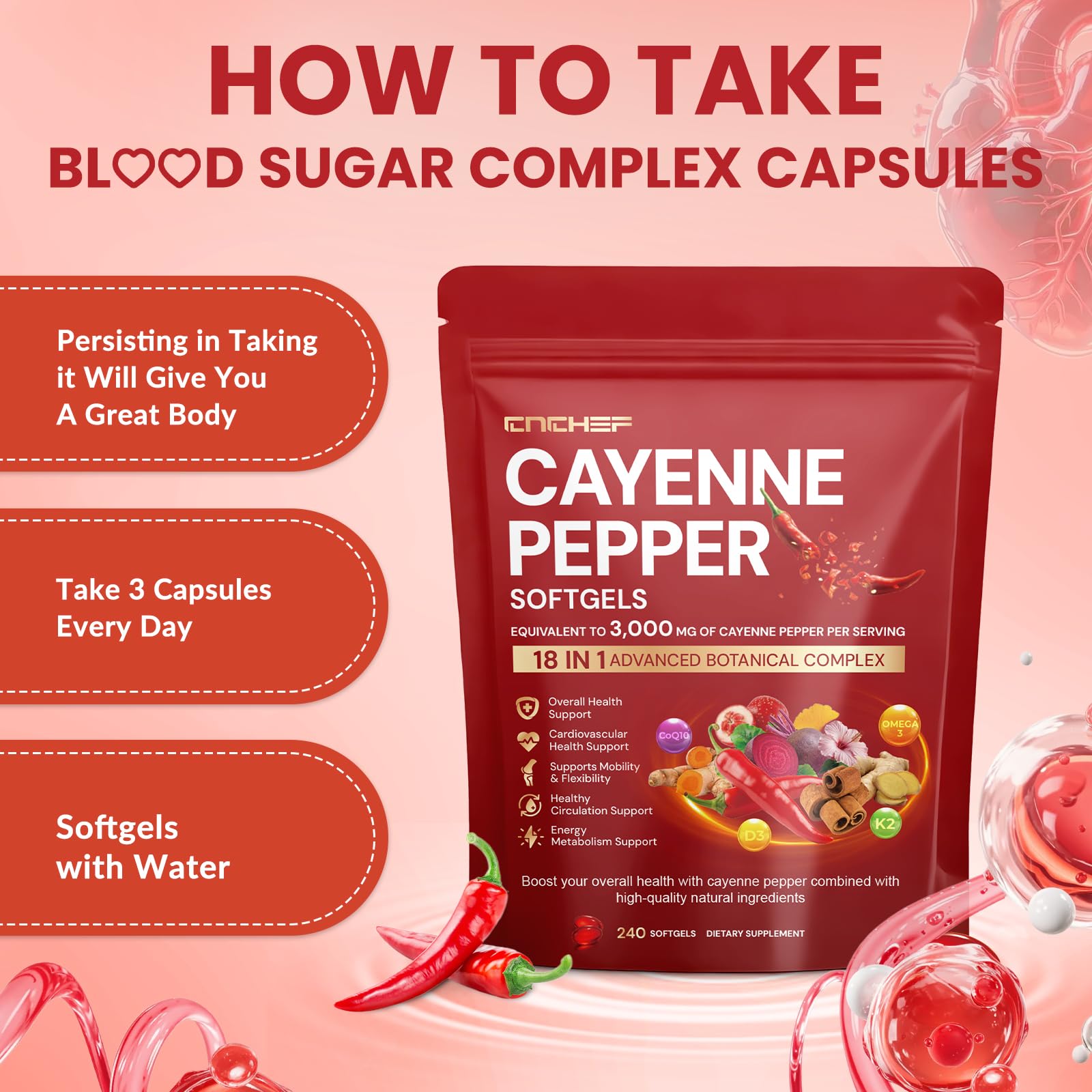CNCHEF Cayenne bottle with omega-3 and CoQ10 suggests heart support.