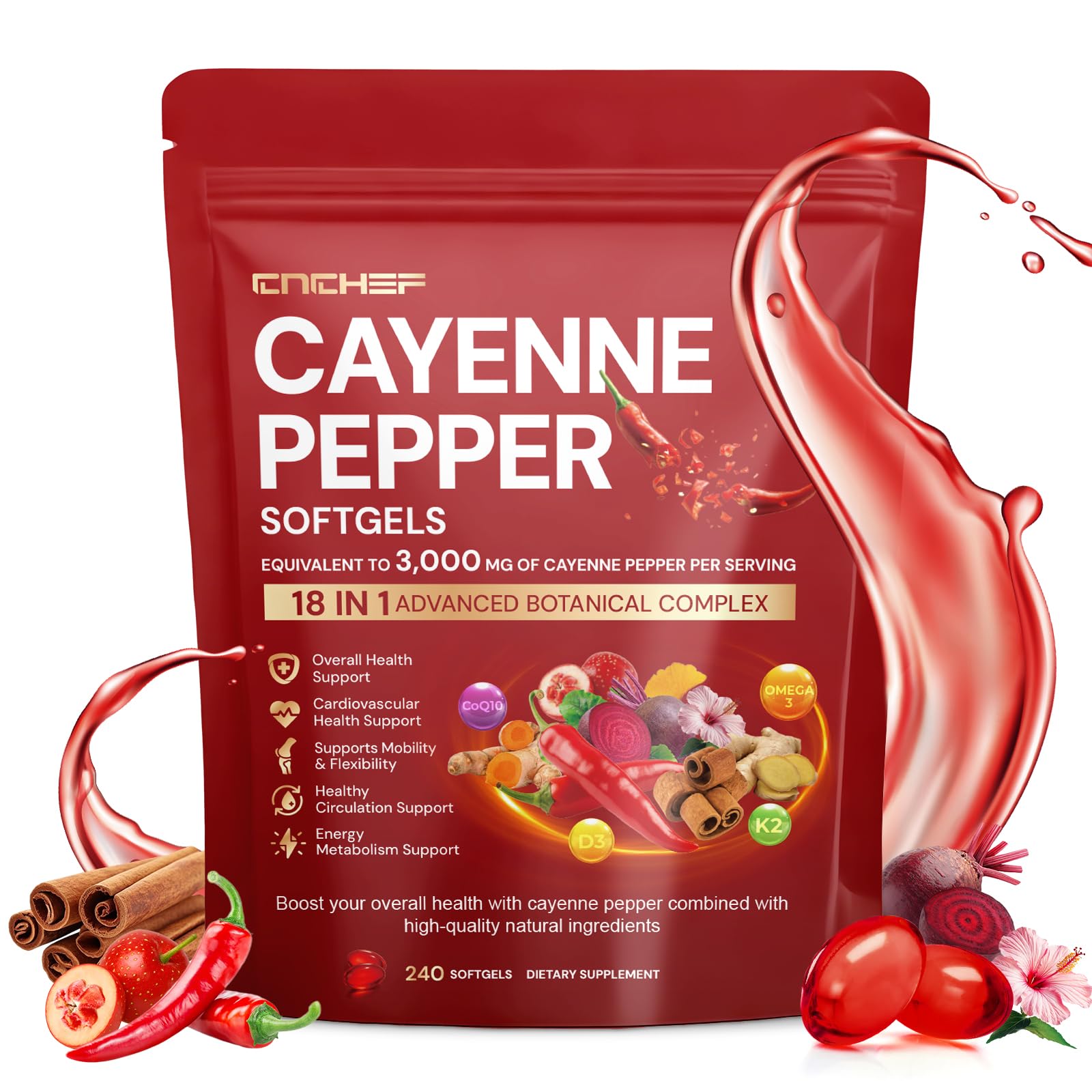 CNCHEF Cayenne softgels bottle for daily wellness and active living.