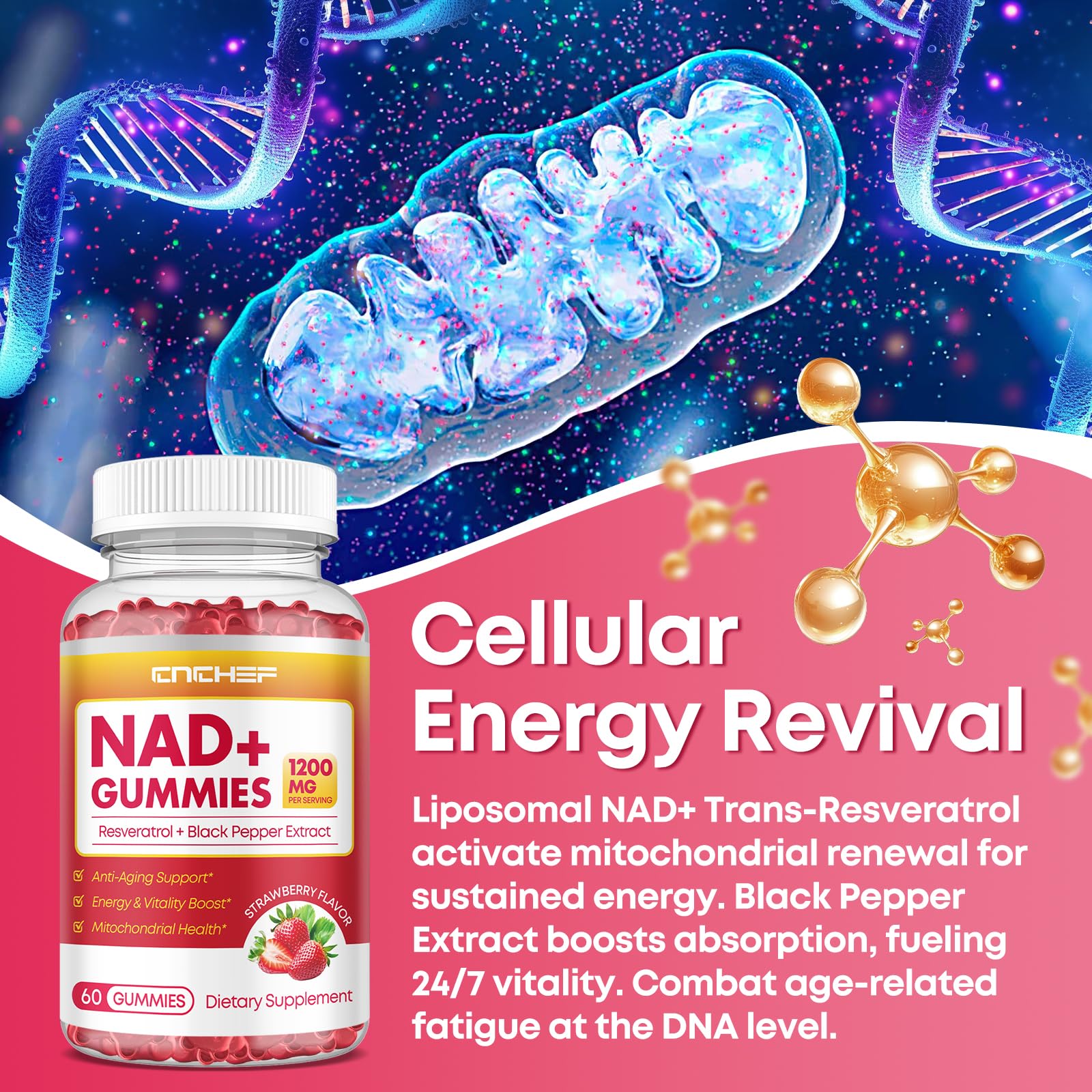 Portable CNCHEF NAD+ Gummies packaging emphasizing freshness and on-the-go use.