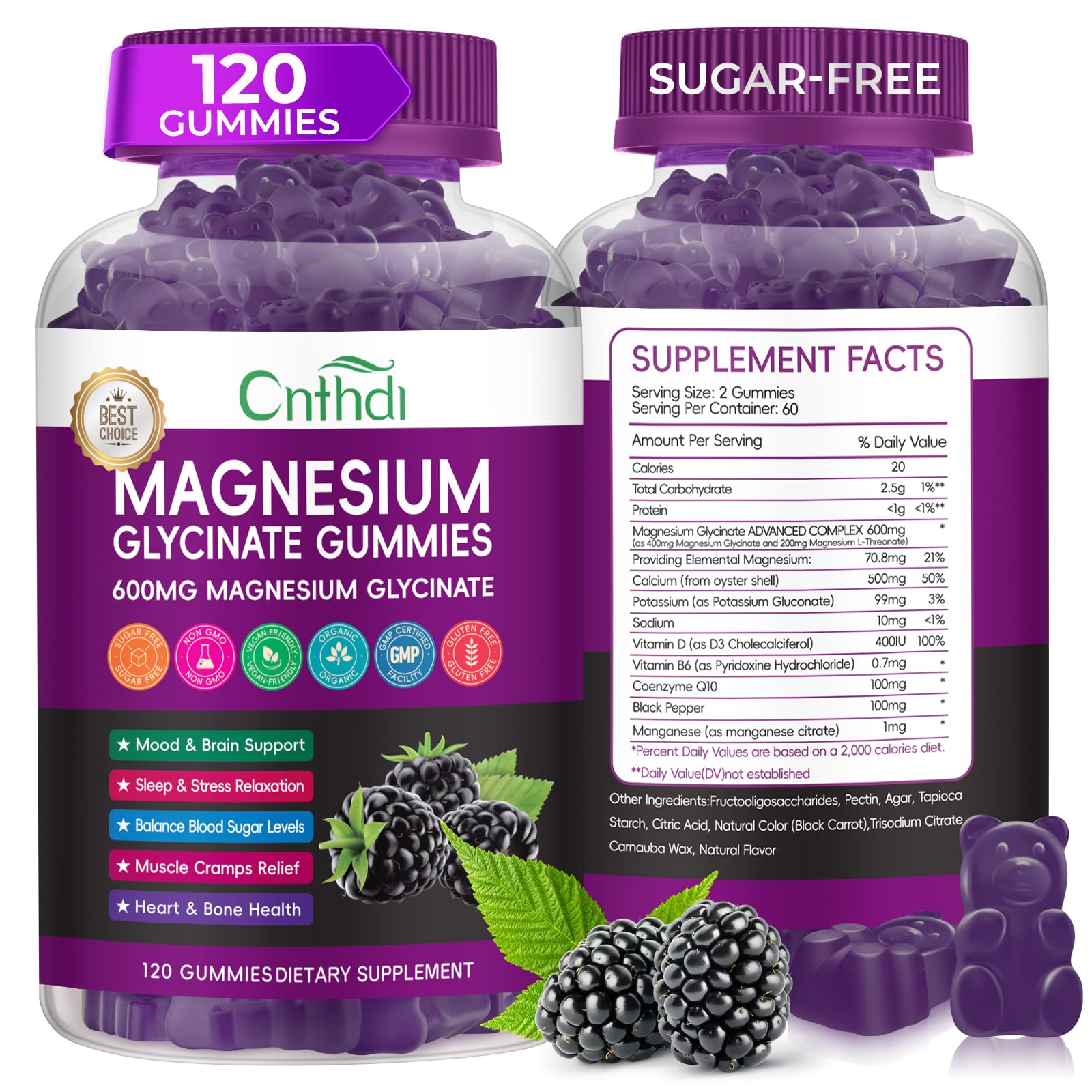 CNFHDI magnesium glycinate gummies bottle, sugar-free and vegan-friendly for daily wellness.