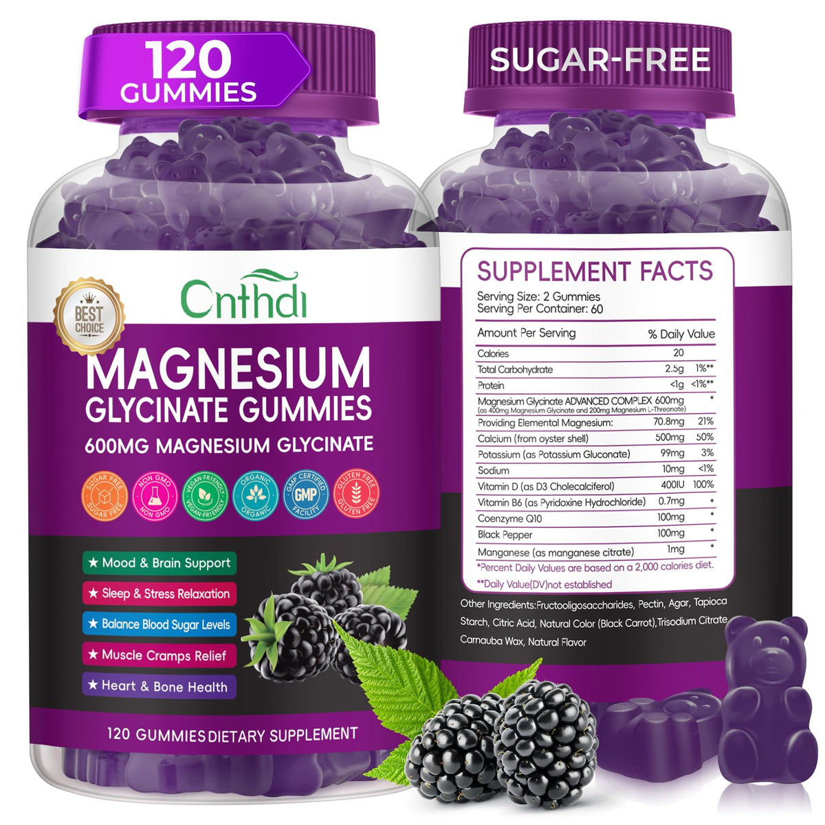 CNFHDI magnesium glycinate gummies bottle, sugar-free and vegan-friendly for daily wellness.