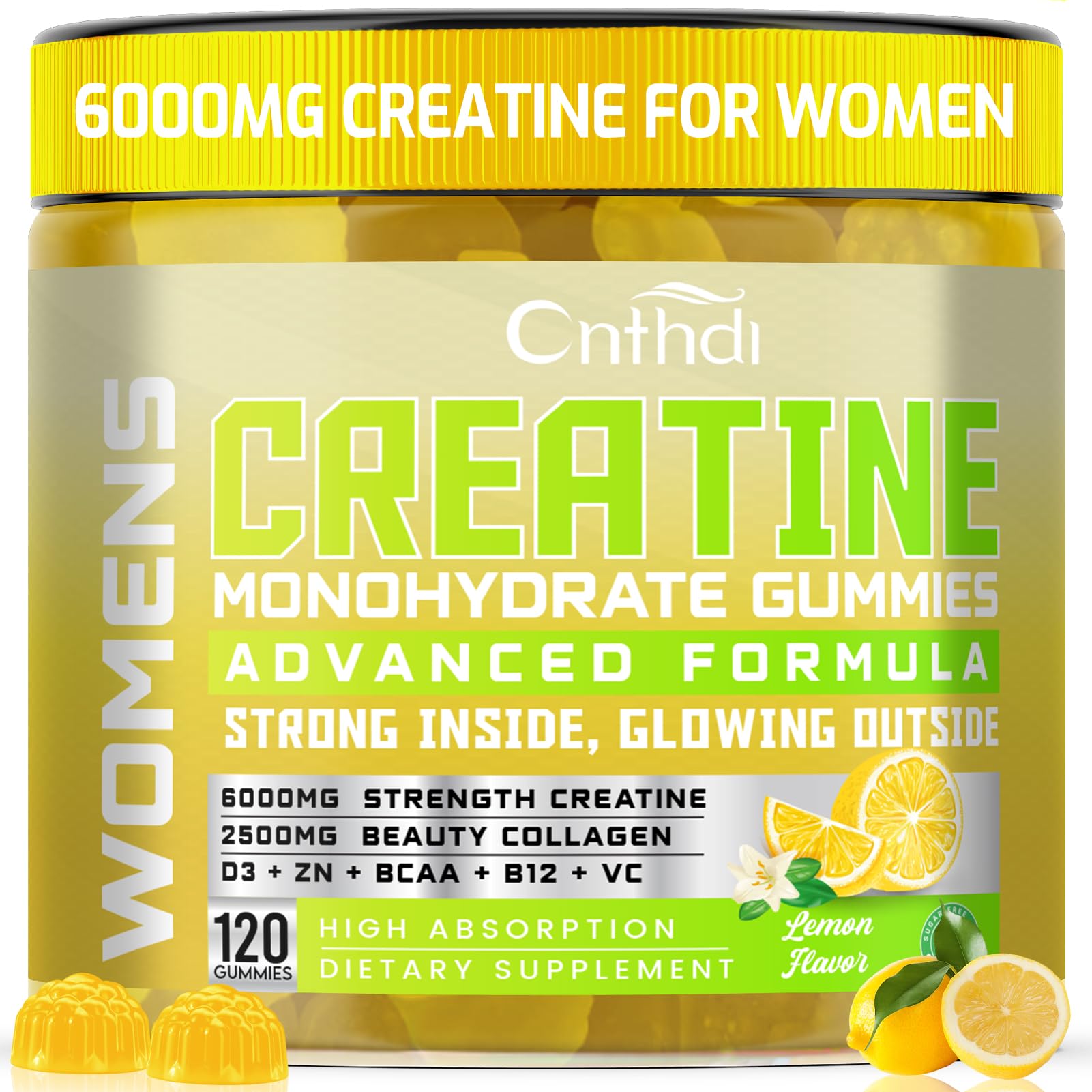CNFHDI creatine gummies bottle highlighting strength support for workouts