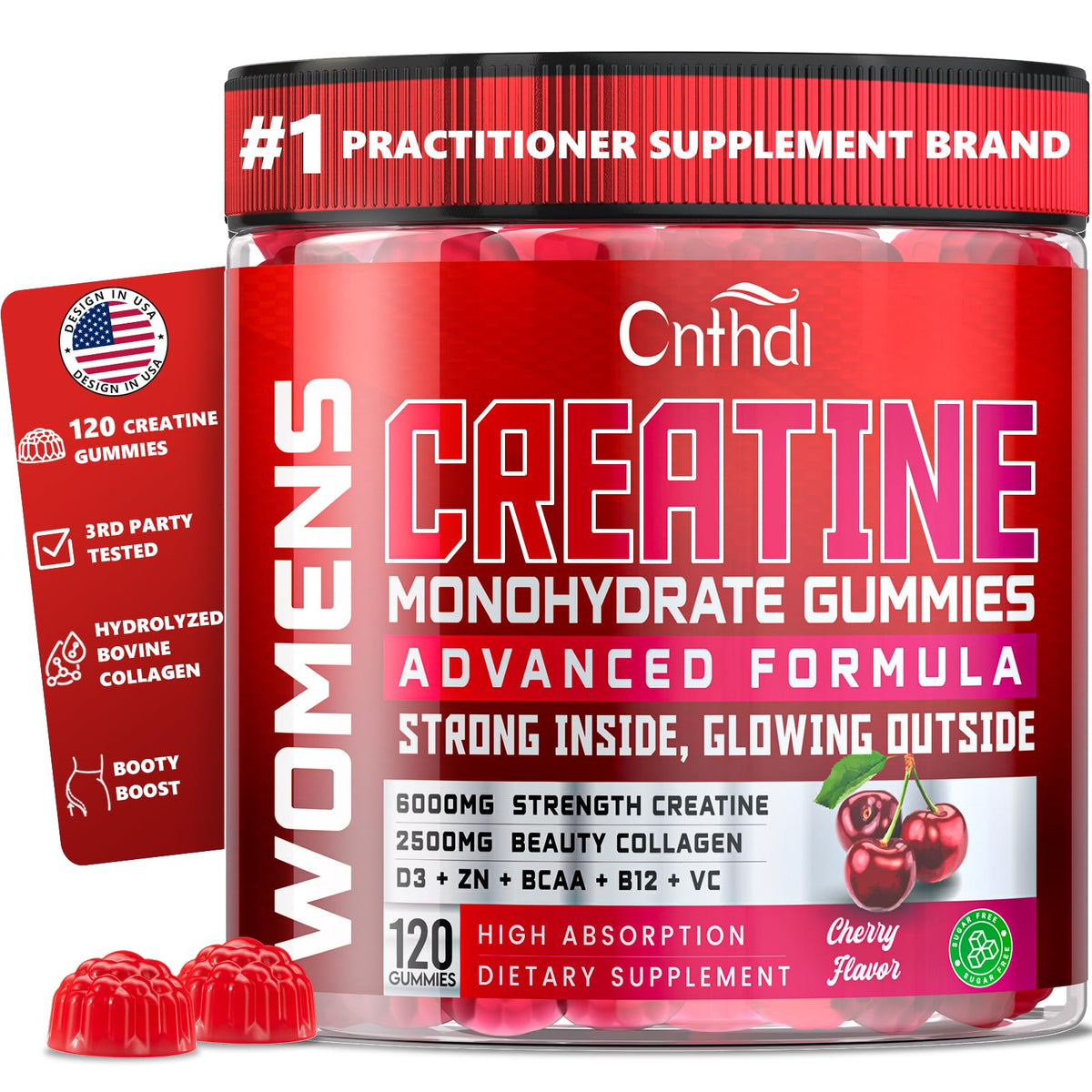 CNFHDI creatine gummies bottle on white surface signaling strength support.