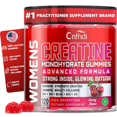 CNFHDI creatine gummies bottle on white surface signaling strength support.