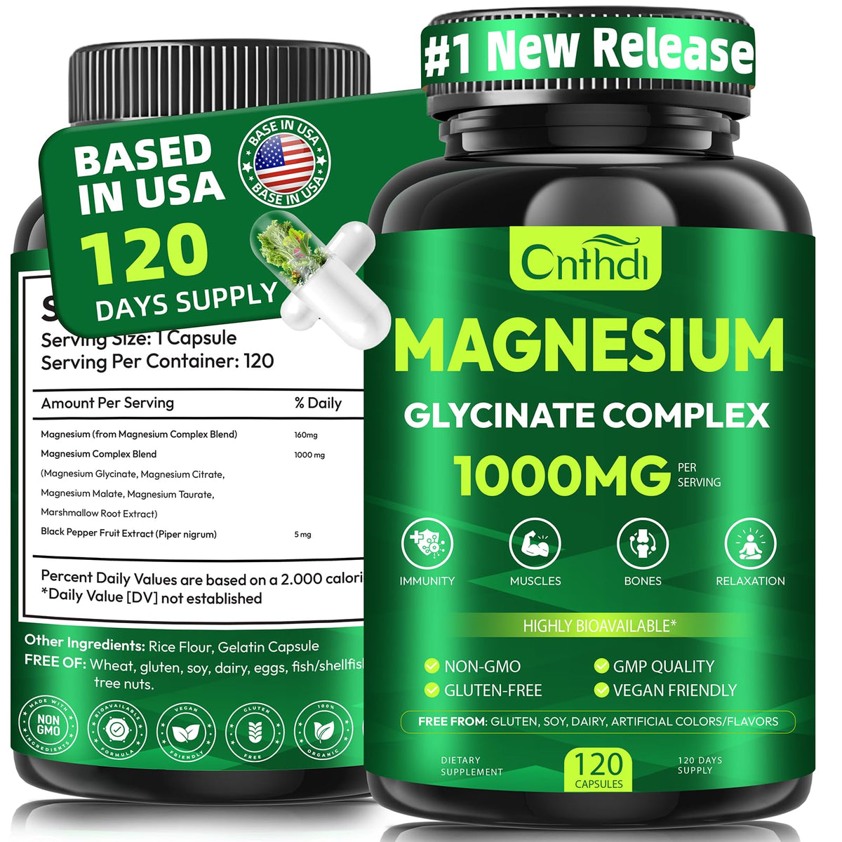 CNFHDI Magnesium Glycinate Complex bottle with capsules for daily calm and energy.