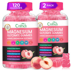 CNFHDI magnesium gummies bottle-front showing sugar-free peach flavor for daily relaxation.