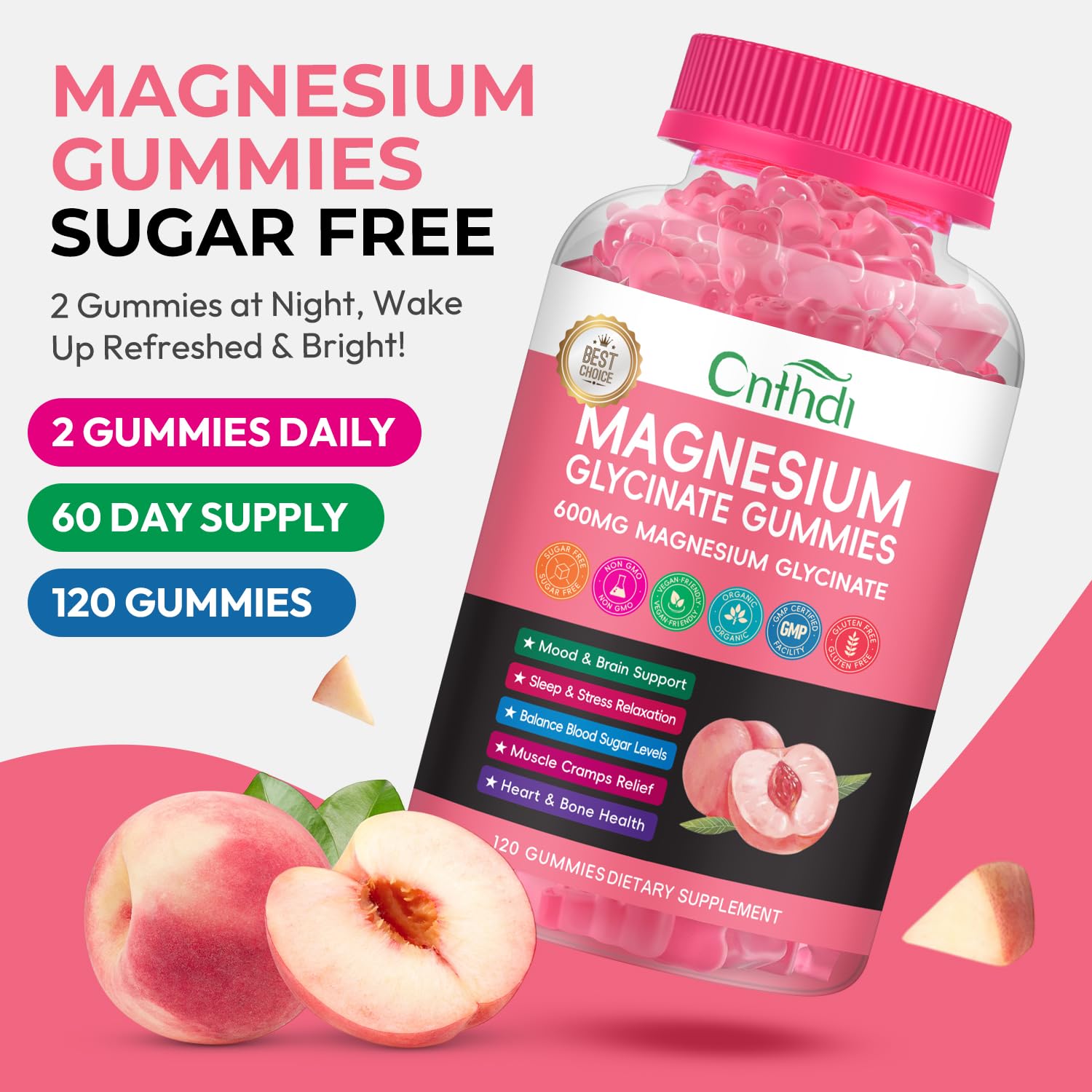 CNFHDI peach-flavor gummies highlight vegan, gluten-free daily wellness.