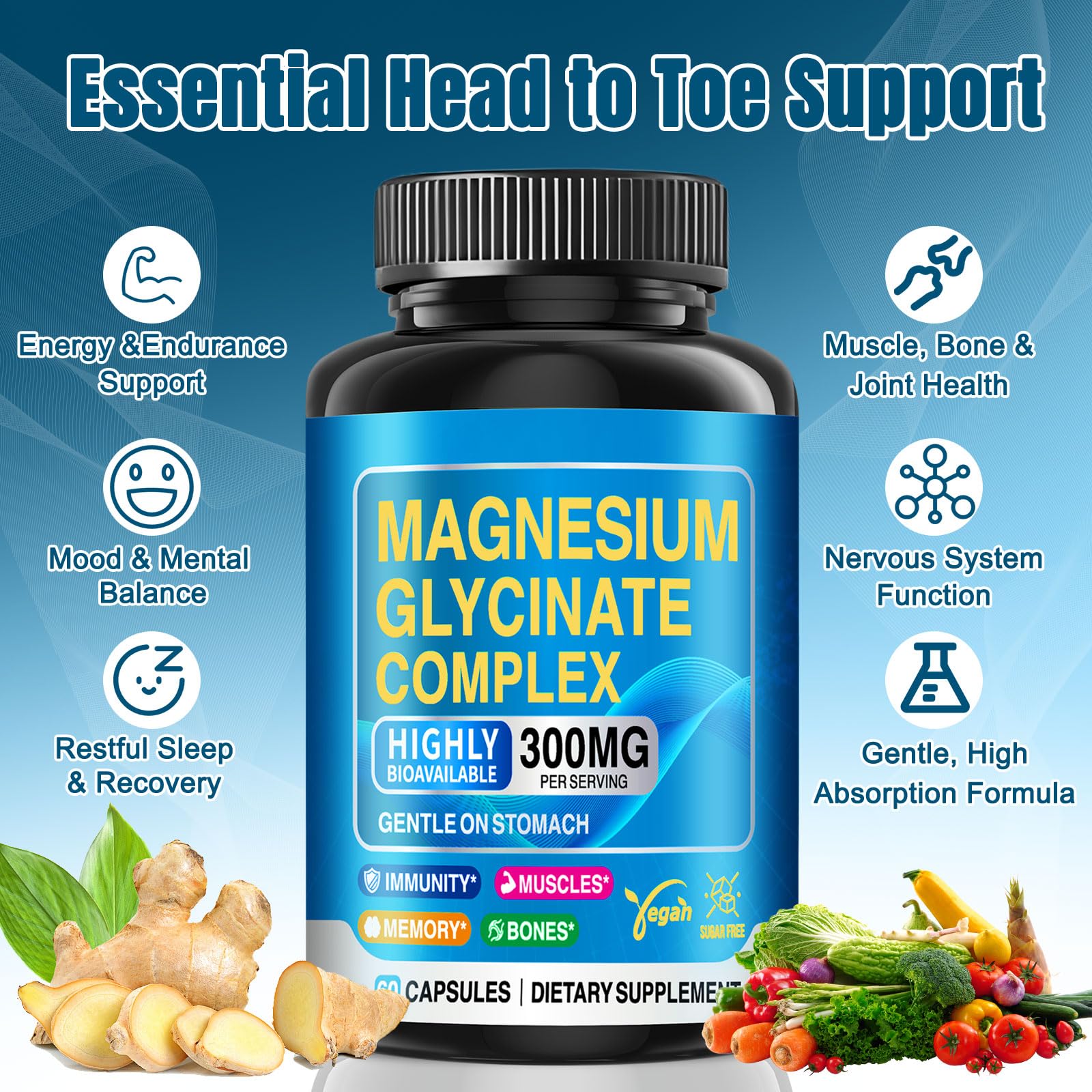 CNFHDI magnesium glycinate capsules closeup emphasizing gentle stomach-friendly delivery