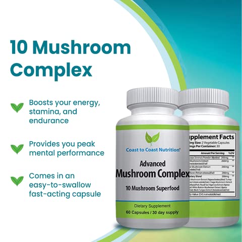 Coast to Coast Nutrition Advanced Mushroom Complex ingredients panel with mushrooms.