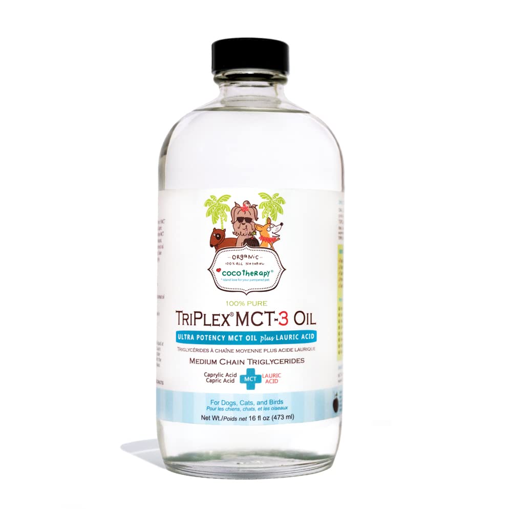 CocoTherapy Triplex MCT-3 Oil bottle front showing product and branding for quick energy for active dogs.