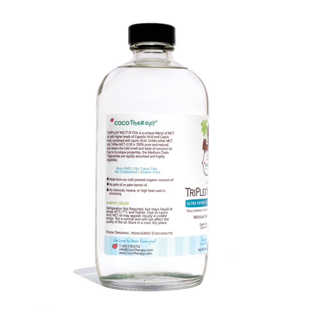 CocoTherapy Triplex MCT-3 Oil bottle pour illustrating fast absorption in use.