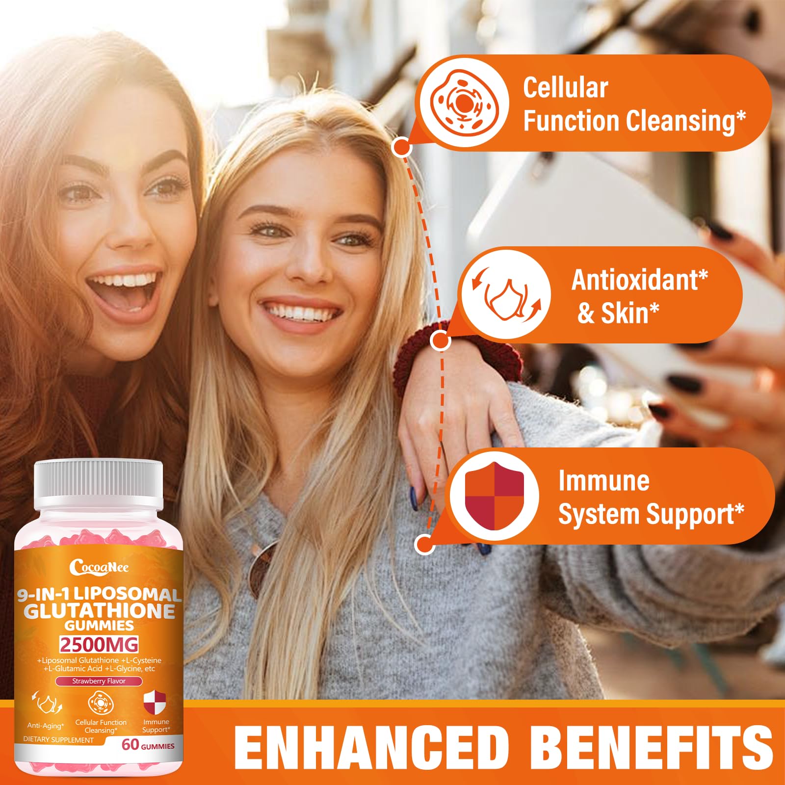 CocoaNee Glutathione liposome encapsulation label image emphasizes absorption technology.