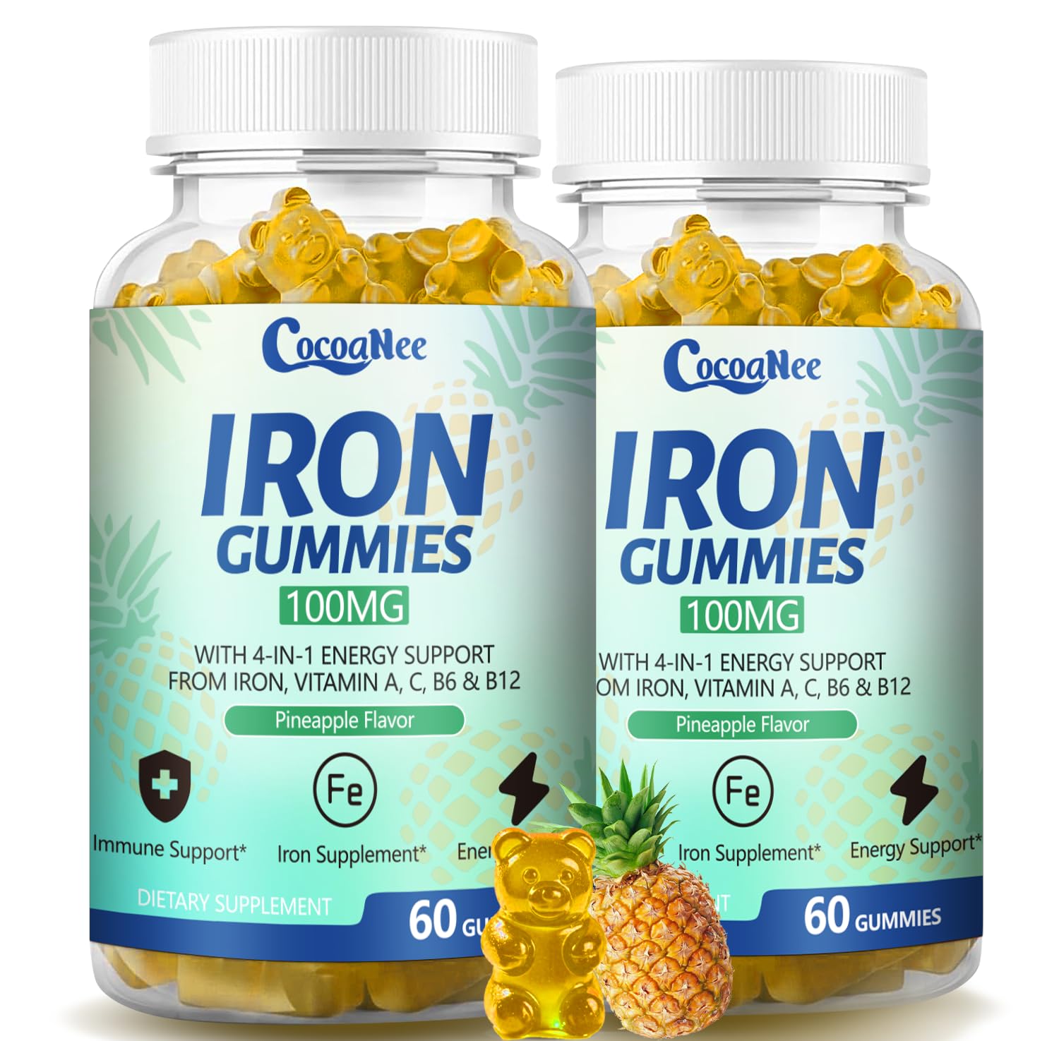 CocoaNee iron gummies bottle front for gentle daily support.