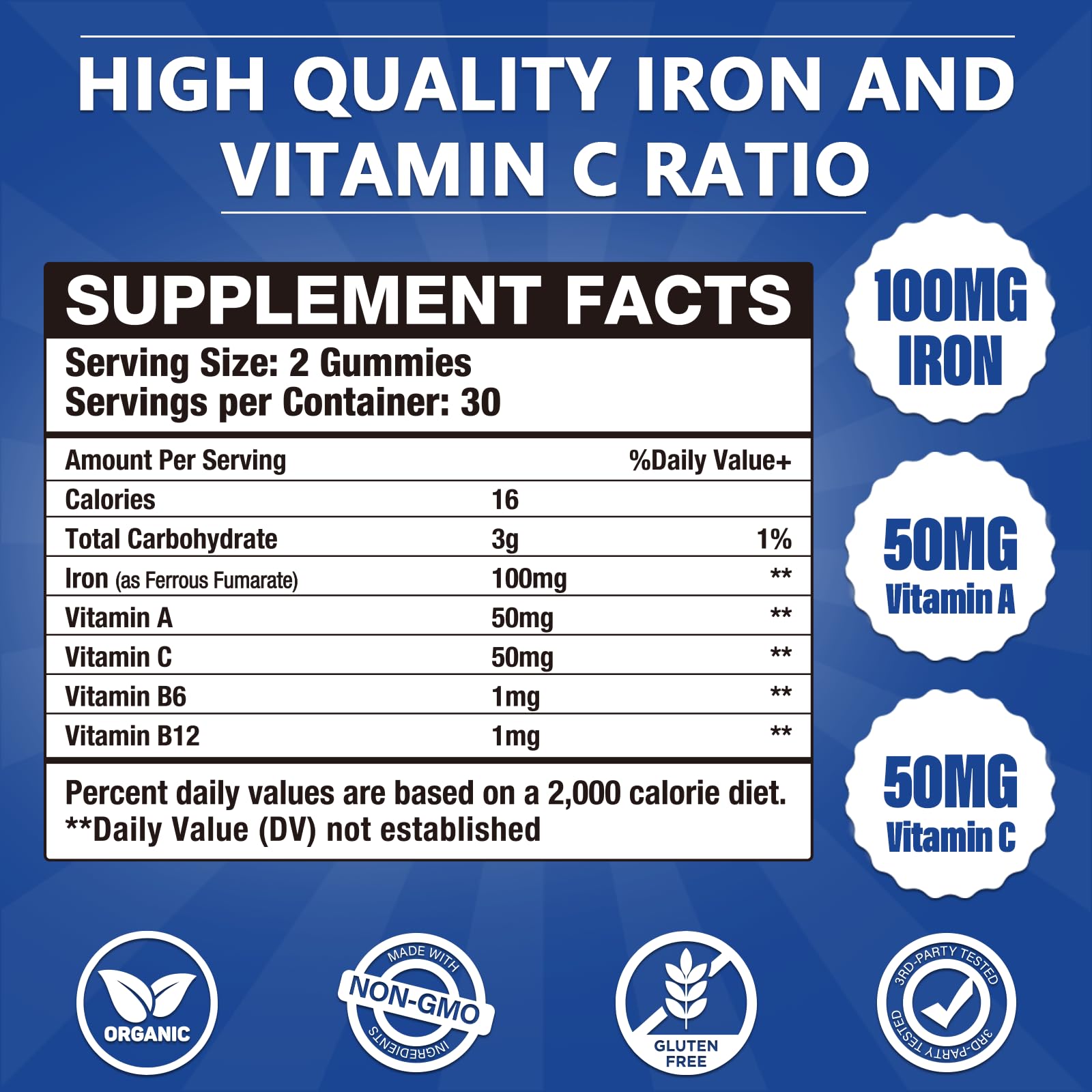 CocoaNee iron gummies bottle side view with vitamin C and B12.