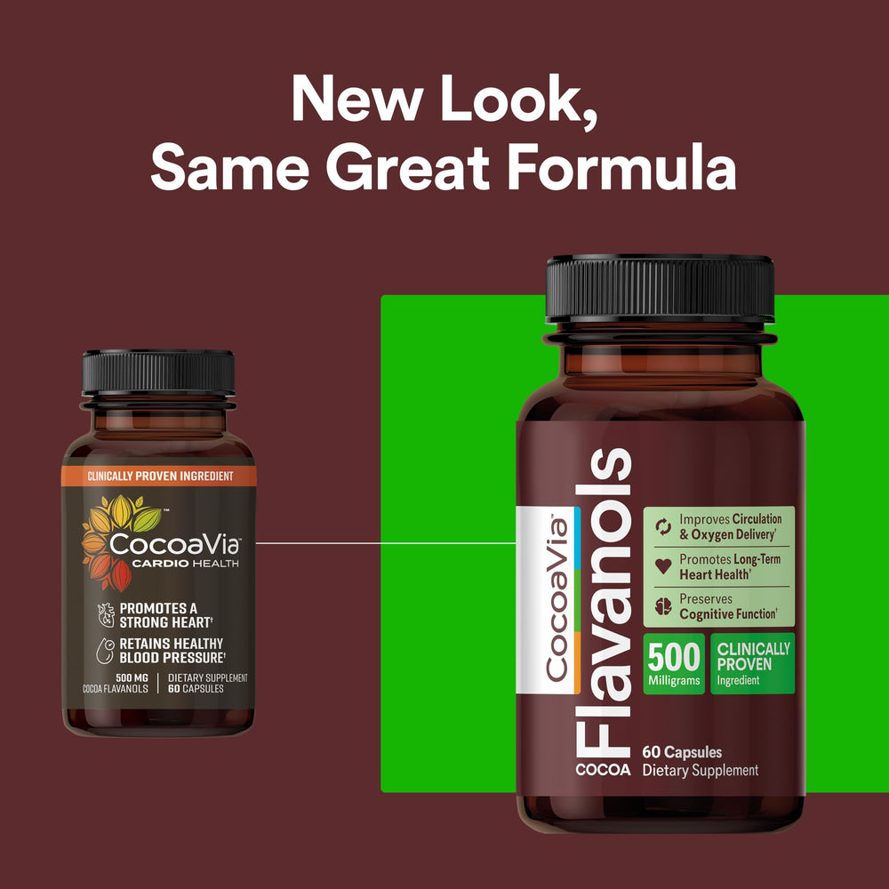 CocoaVia 120-capsules bottle closeup emphasizes high-concentration cocoa flavanols for daily intake.