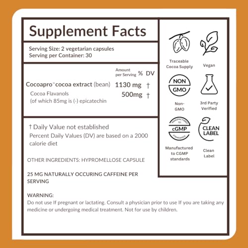 CocoaVia Cardio Health caffeine content icon noting 30 mg caffeine for energy lift.