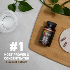 CocoaVia Cardio Health capsules closeup showing daily vegan supplement for heart-friendly circulation.
