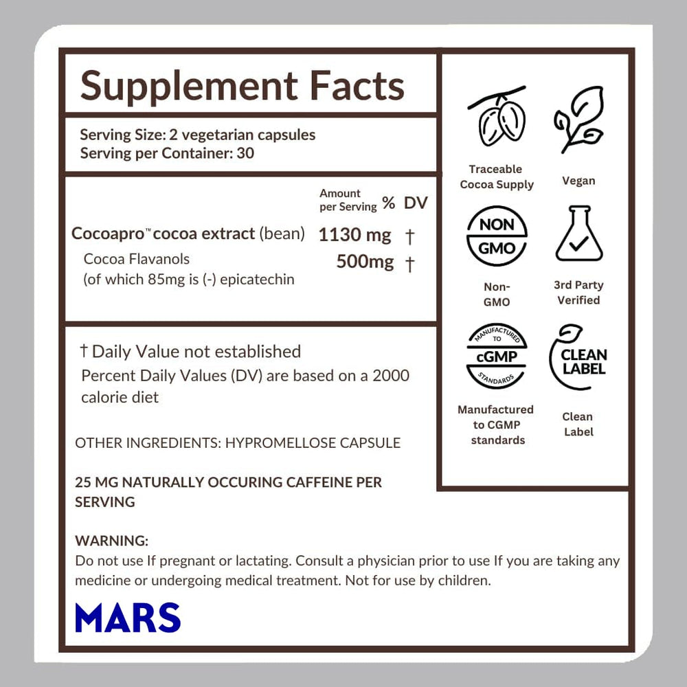 CocoaVia Cardio Health natural cocoa flavanols close-up highlighting potent ingredients.