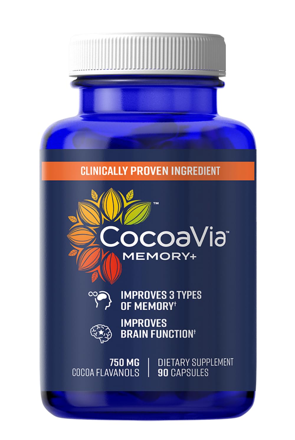 CocoaVia Memory+ capsules close-up highlighting brain-supporting cocoa flavanols.