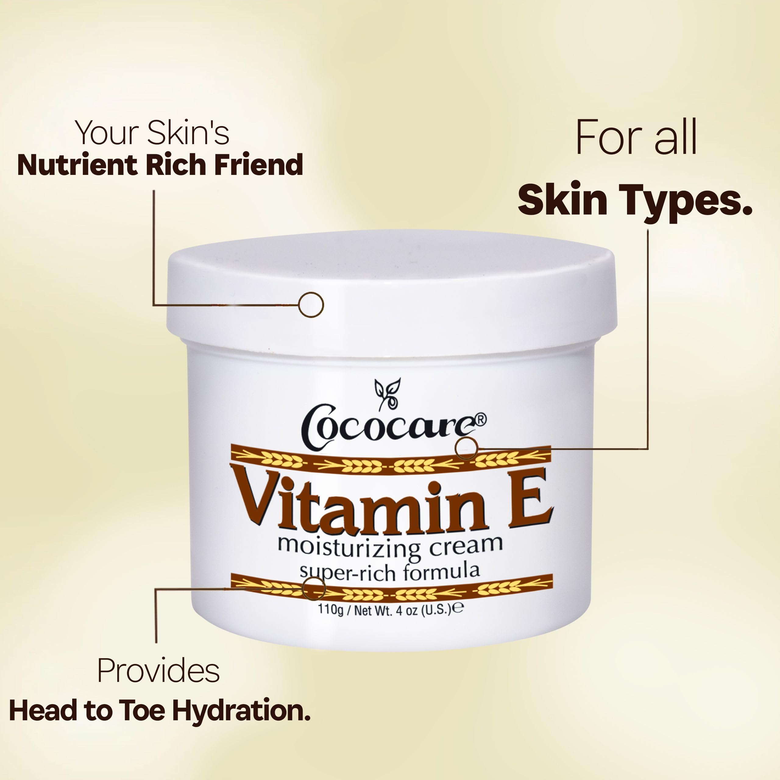 COCOCARE Vitamin E Super Rich cream texture closeup suggests smooth, gentle moisture for sensitive skin