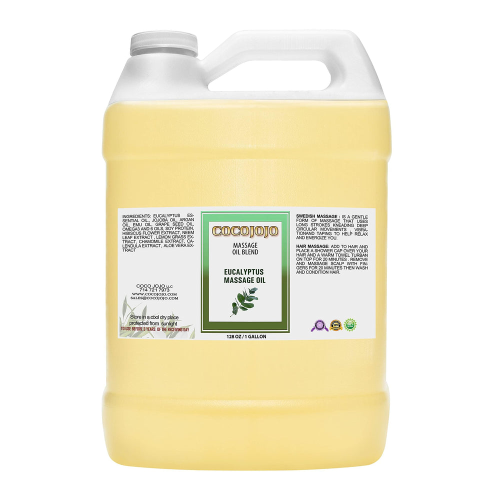 Cocojojo Eucalyptus Massage Oil bottle promotes relaxation during spa-style massage