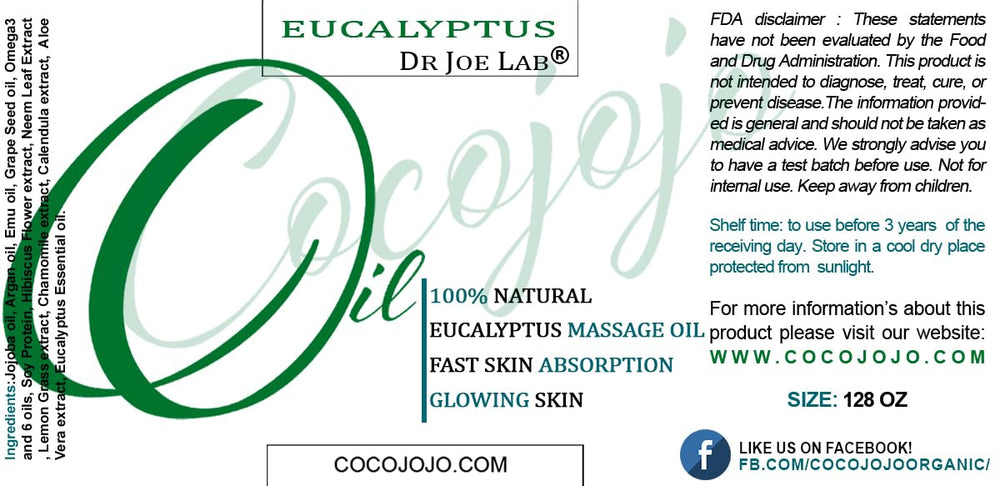 Cocojojo Eucalyptus Massage Oil gallon shows bulk value for professionals