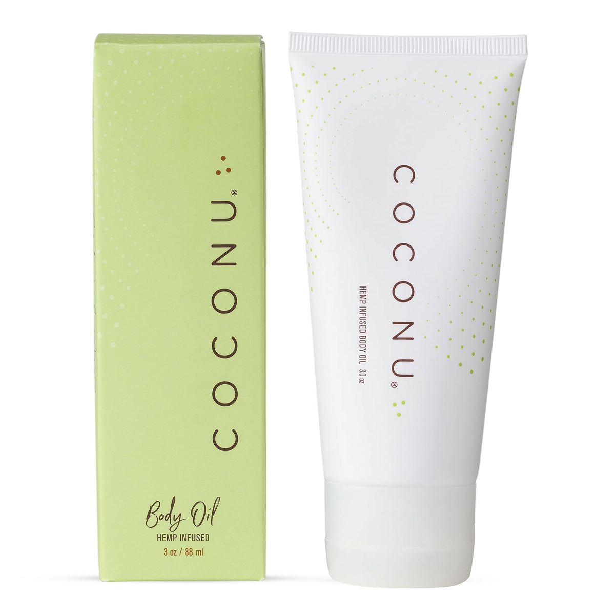 COCONU hemp infused moisturizing oil bottle front demonstrates gentle hydration for daily skin care.