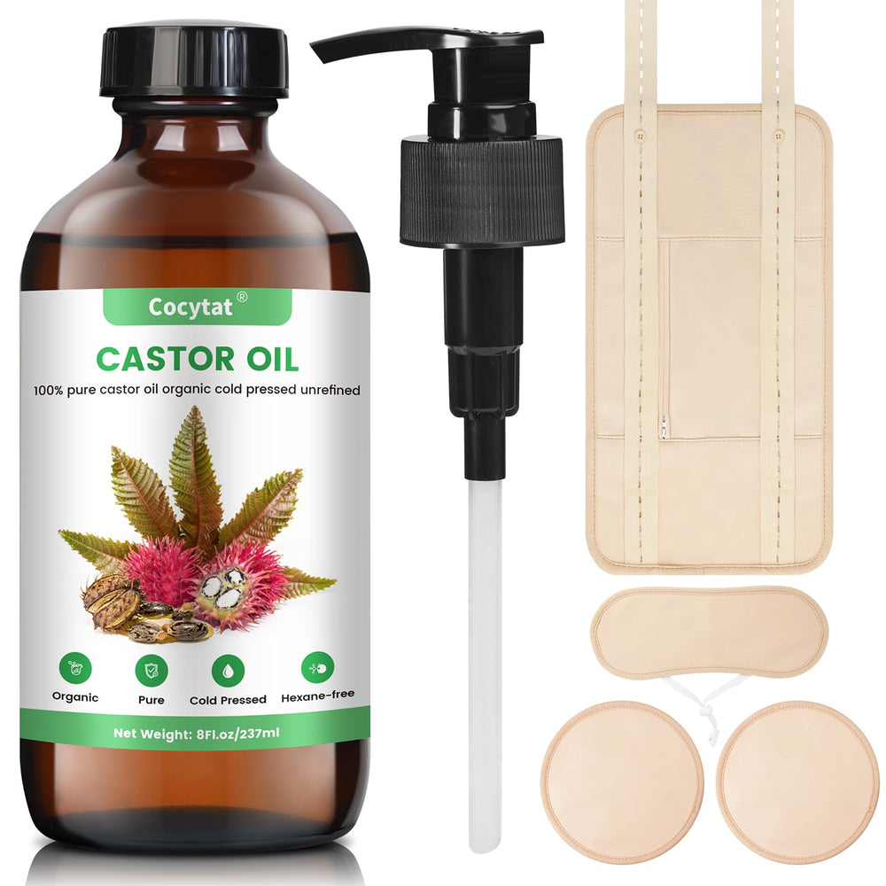 Cocytat castor oil glass bottle 8oz shows pure organic oil for skin and hair hydration