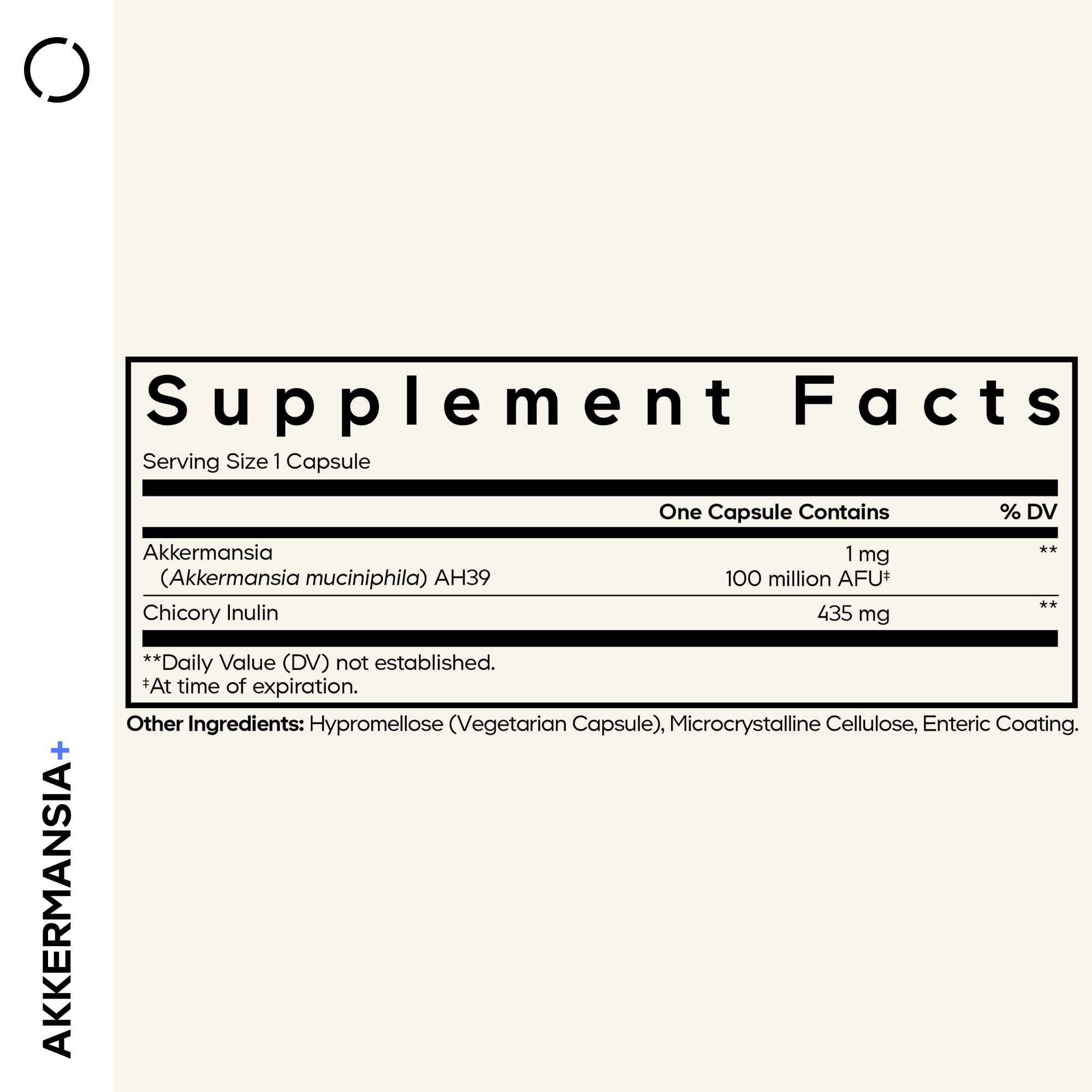 Codeage Akkermansia label close-up highlighting 100M AFUs