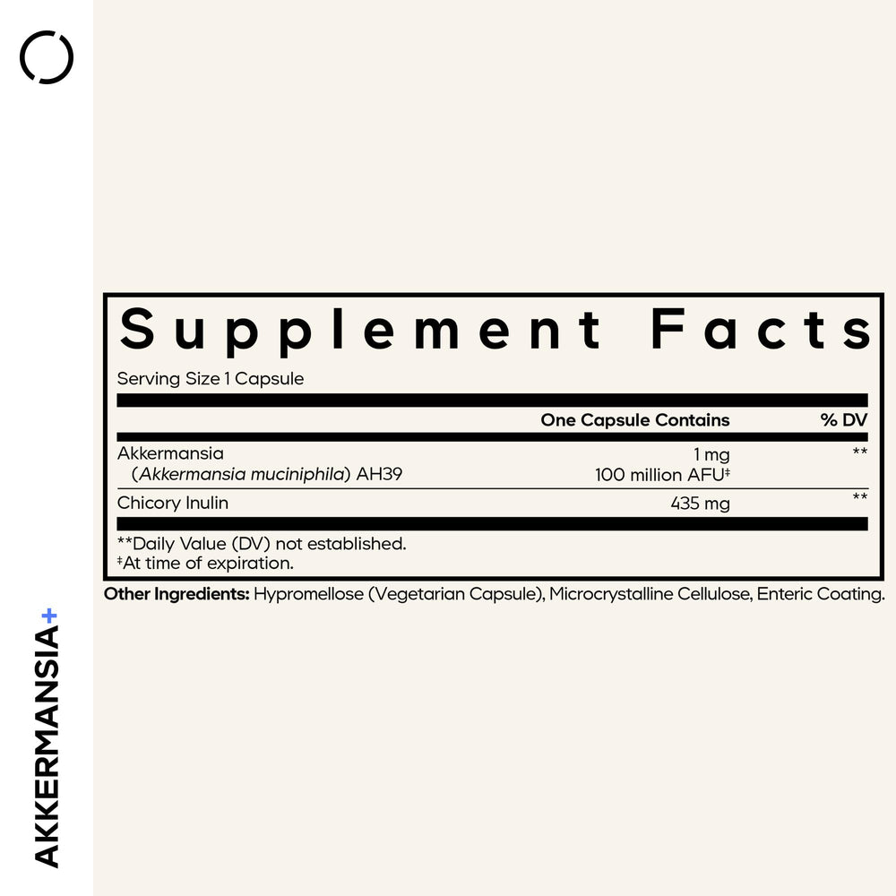 Codeage Akkermansia label close-up highlighting 100M AFUs