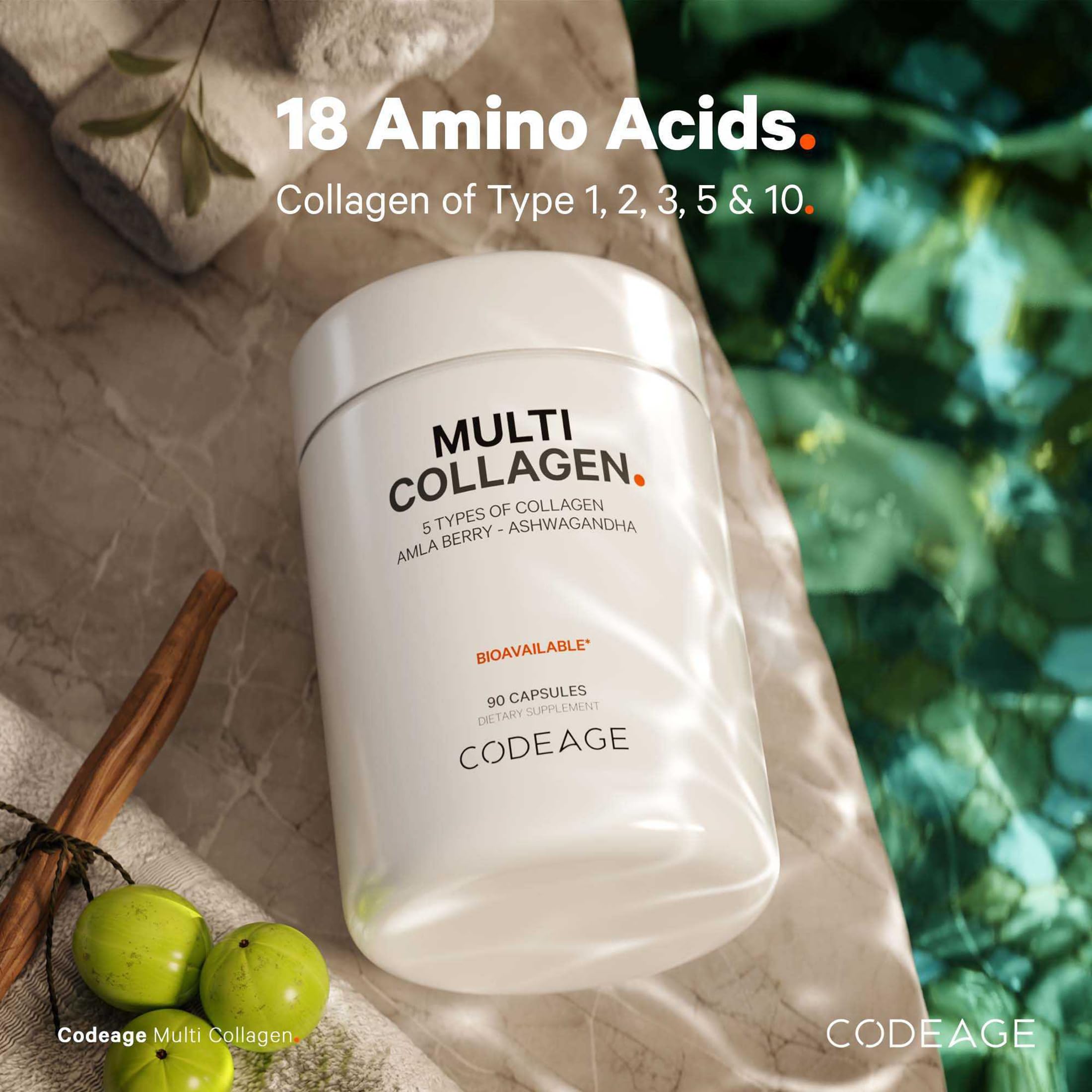 Codeage Bone broth collagen blend image emphasizes diverse collagen types.