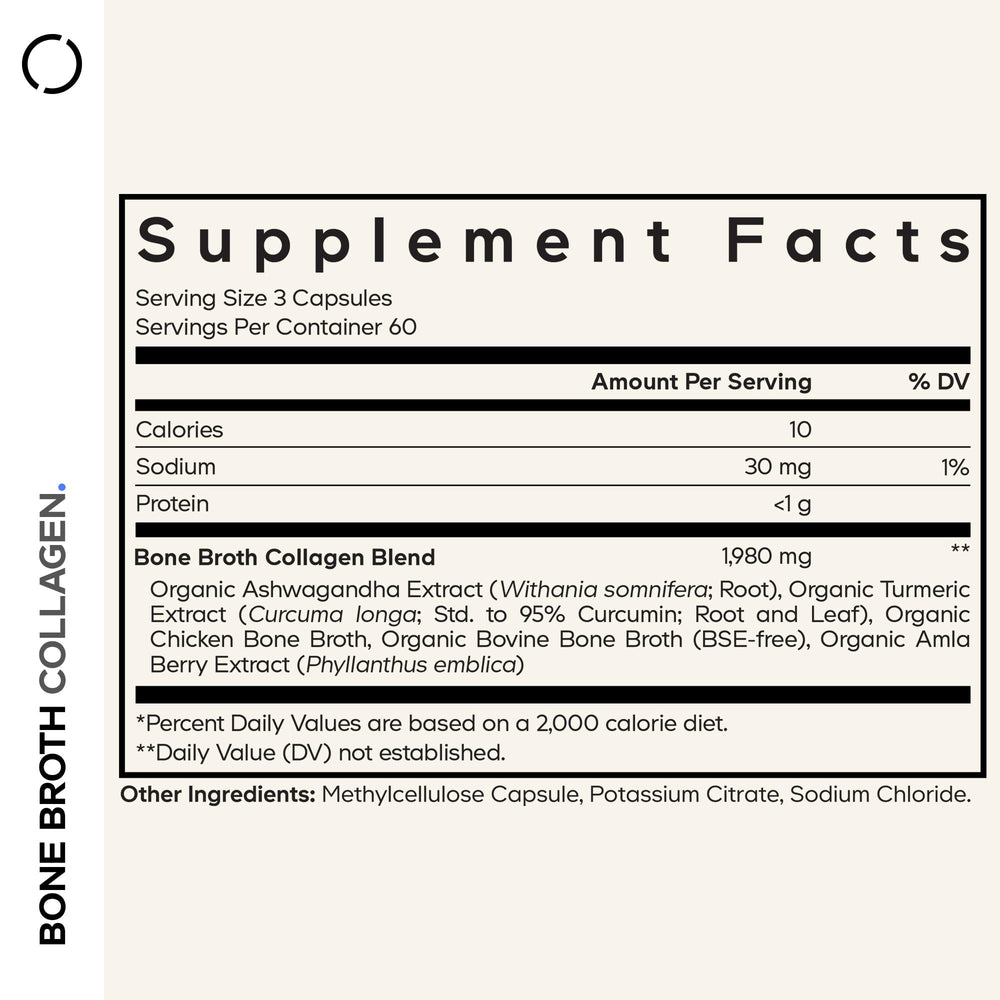 Codeage Bone Broth Collagen Capsules label showing collagen types I II III