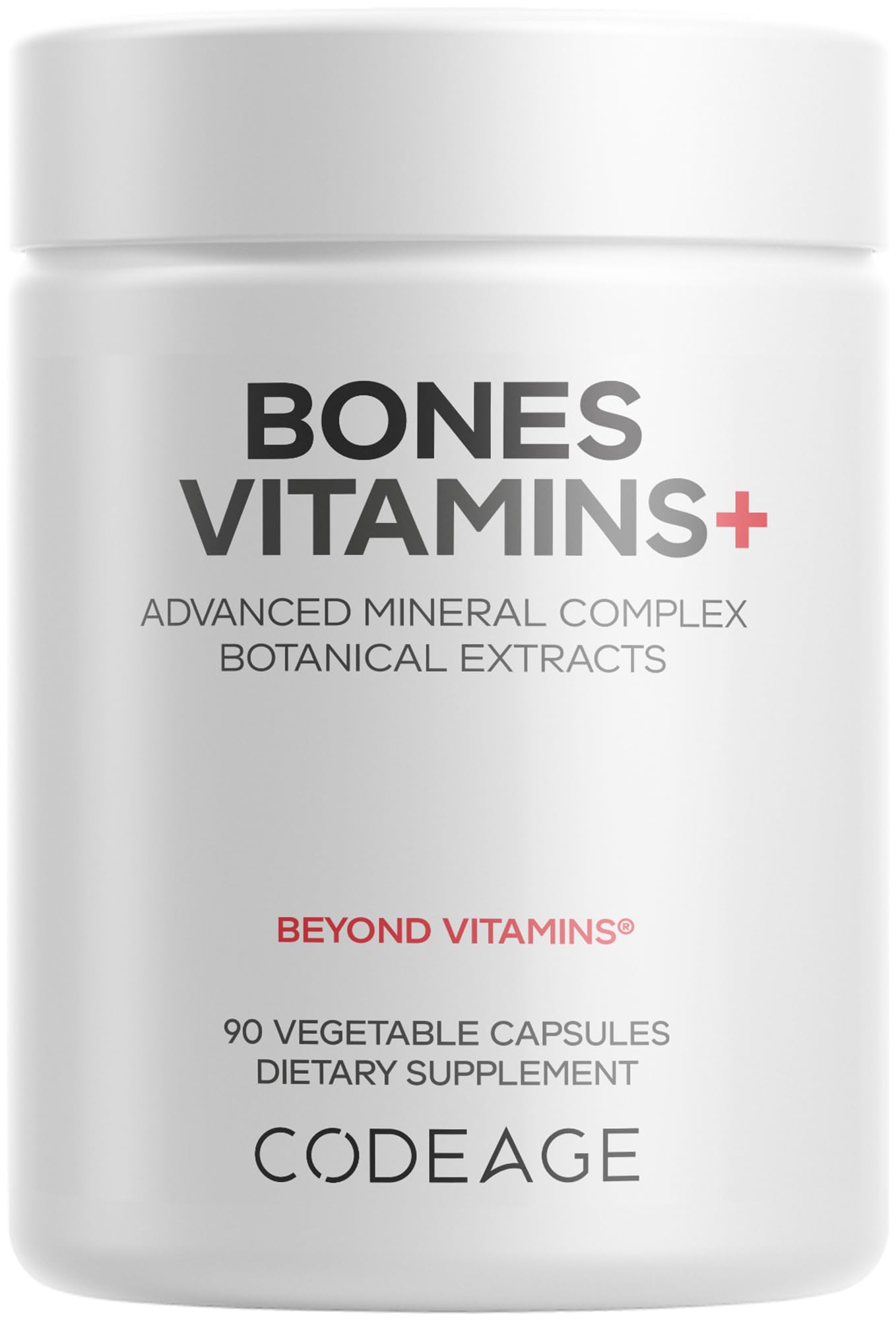 Codeage Bones Vitamins+ bottle front showing a comprehensive daily nutrient blend for bone health