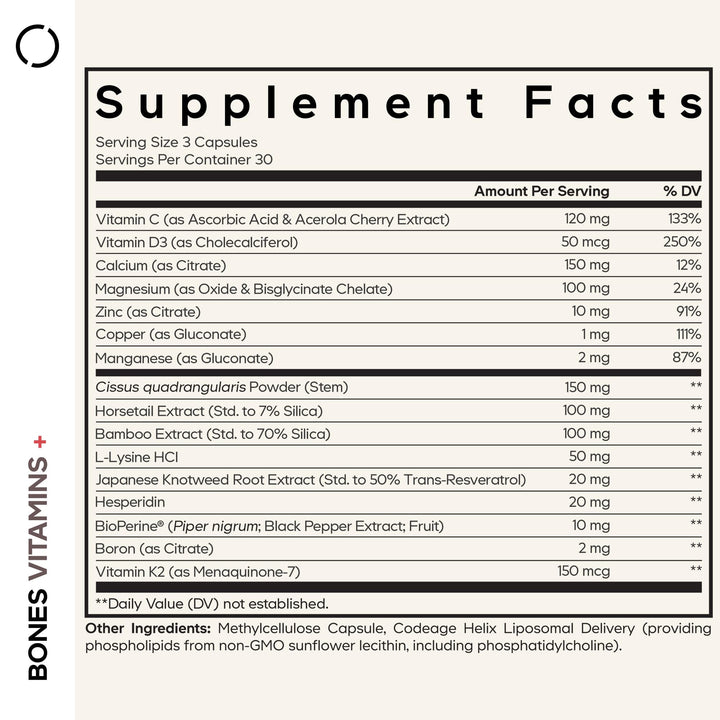 Codeage Bones Vitamins+ capsules poured from bottle ready to support daily wellness
