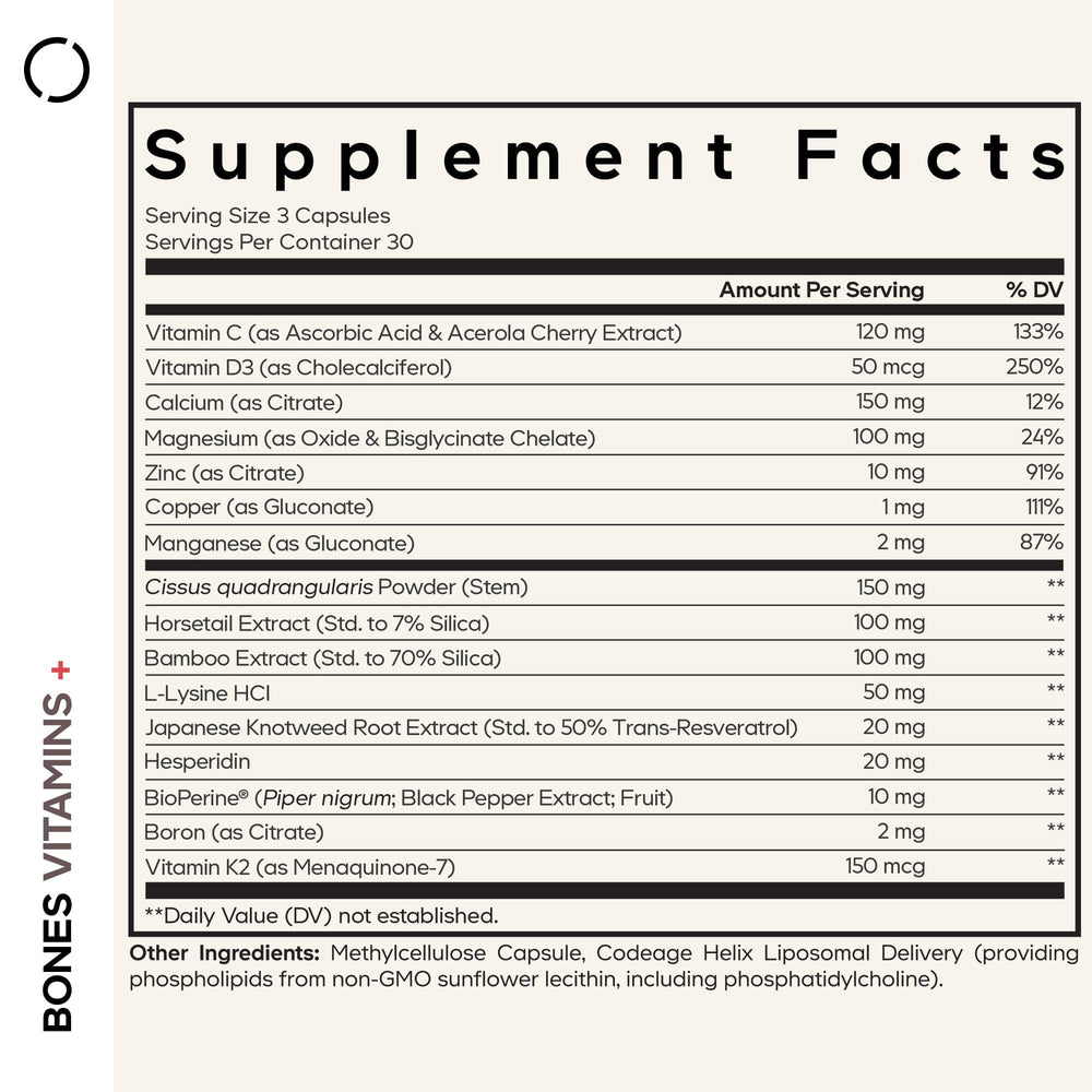 Codeage Bones Vitamins+ capsules poured from bottle ready to support daily wellness
