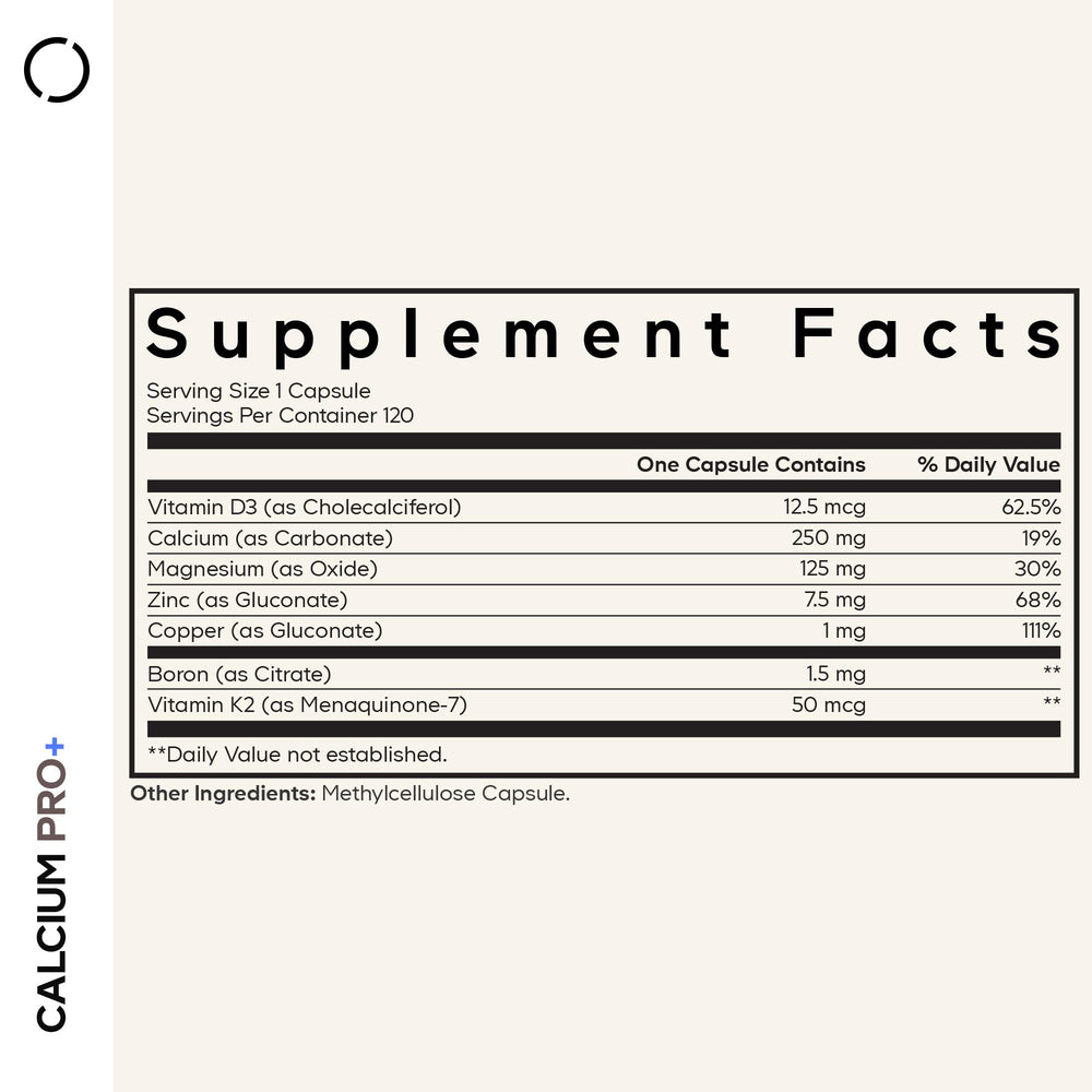 Codeage Calcium Pro+ label highlights essential minerals for everyday balance.