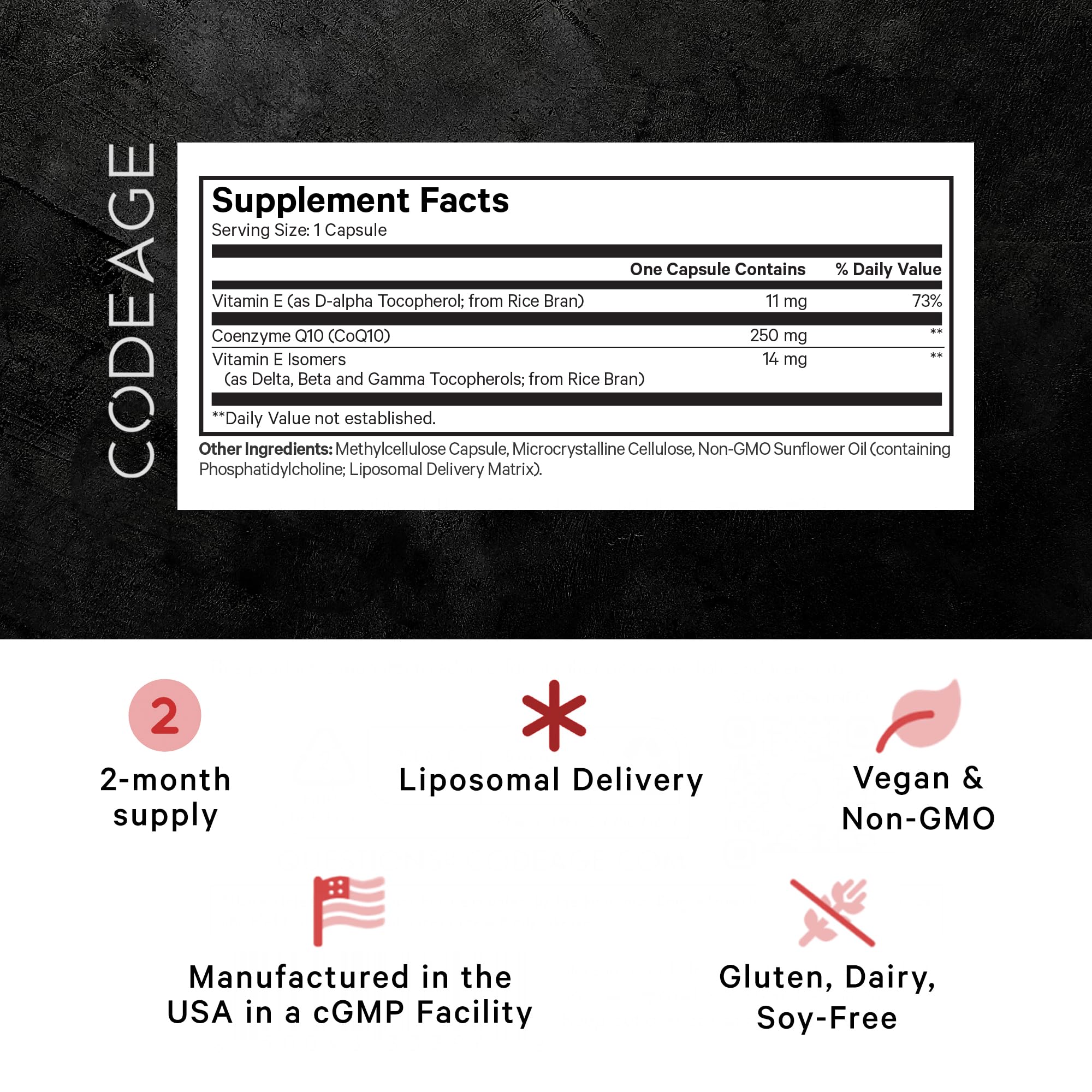 Codeage Liposomal CoQ10 Max capsule inside view shows easy-to-swallow softgels.