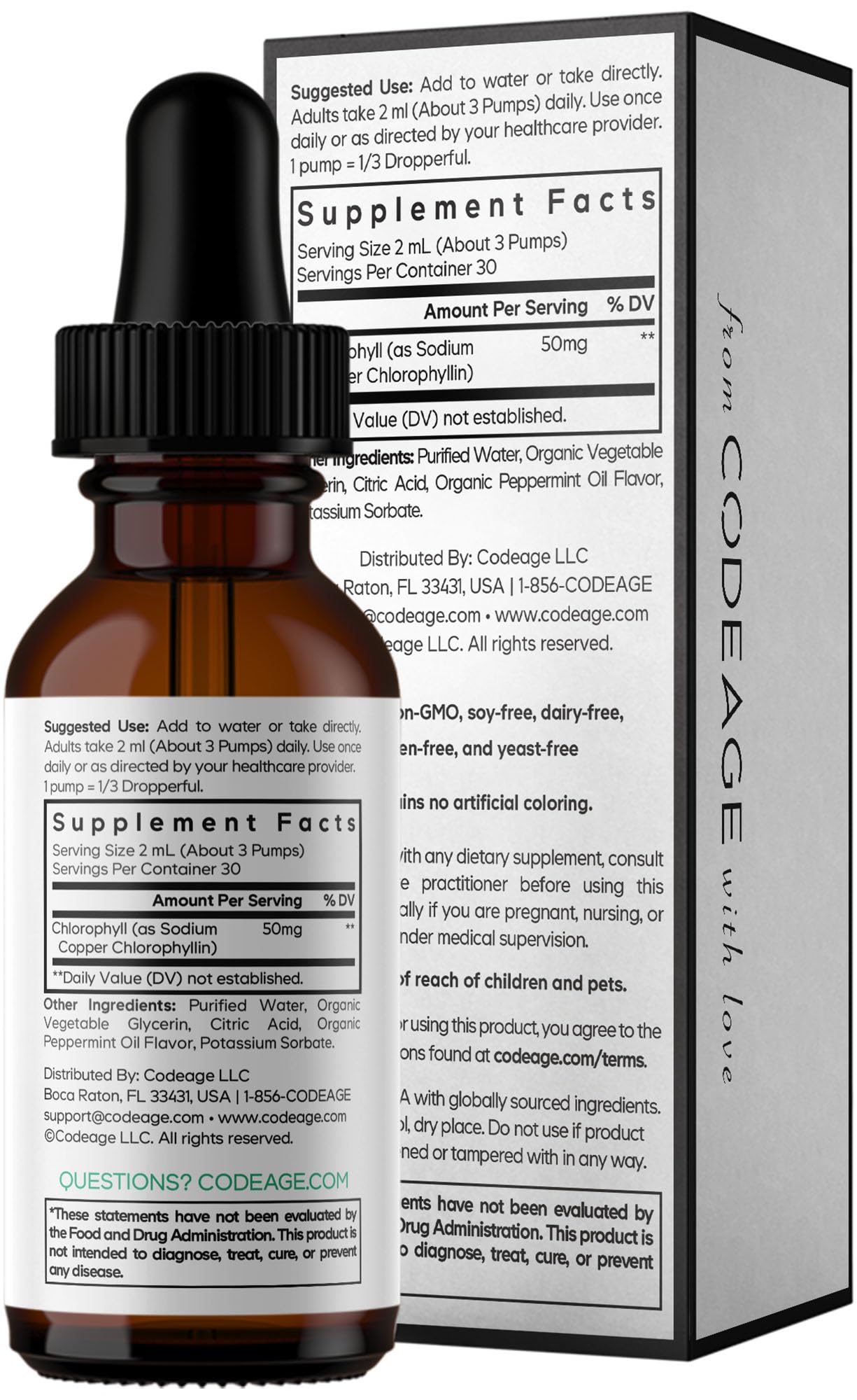 Compact 60 ml Codeage Chlorophyll Drops bottle.