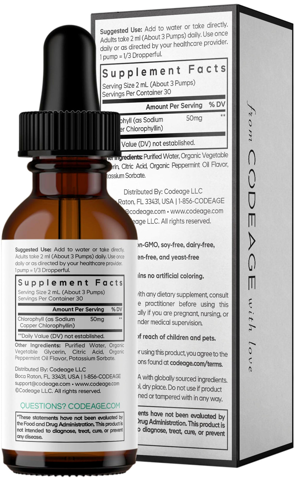 Compact 60 ml Codeage Chlorophyll Drops bottle.