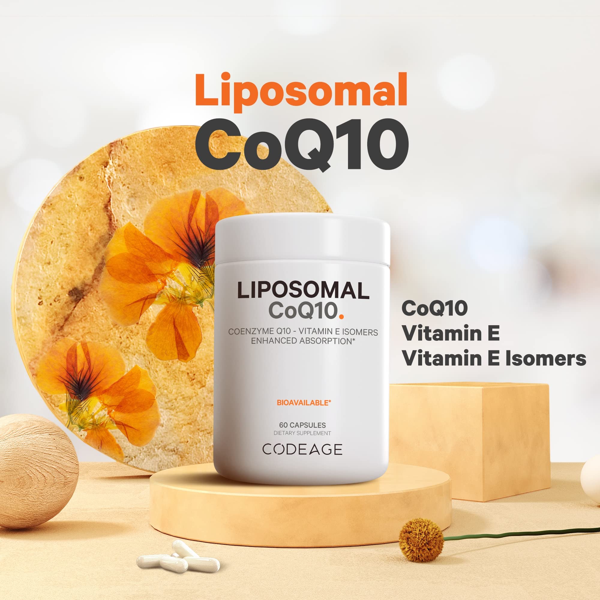 Codeage CoQ10 vitamin E isomer blend highlighting tocopherols for antioxidant support