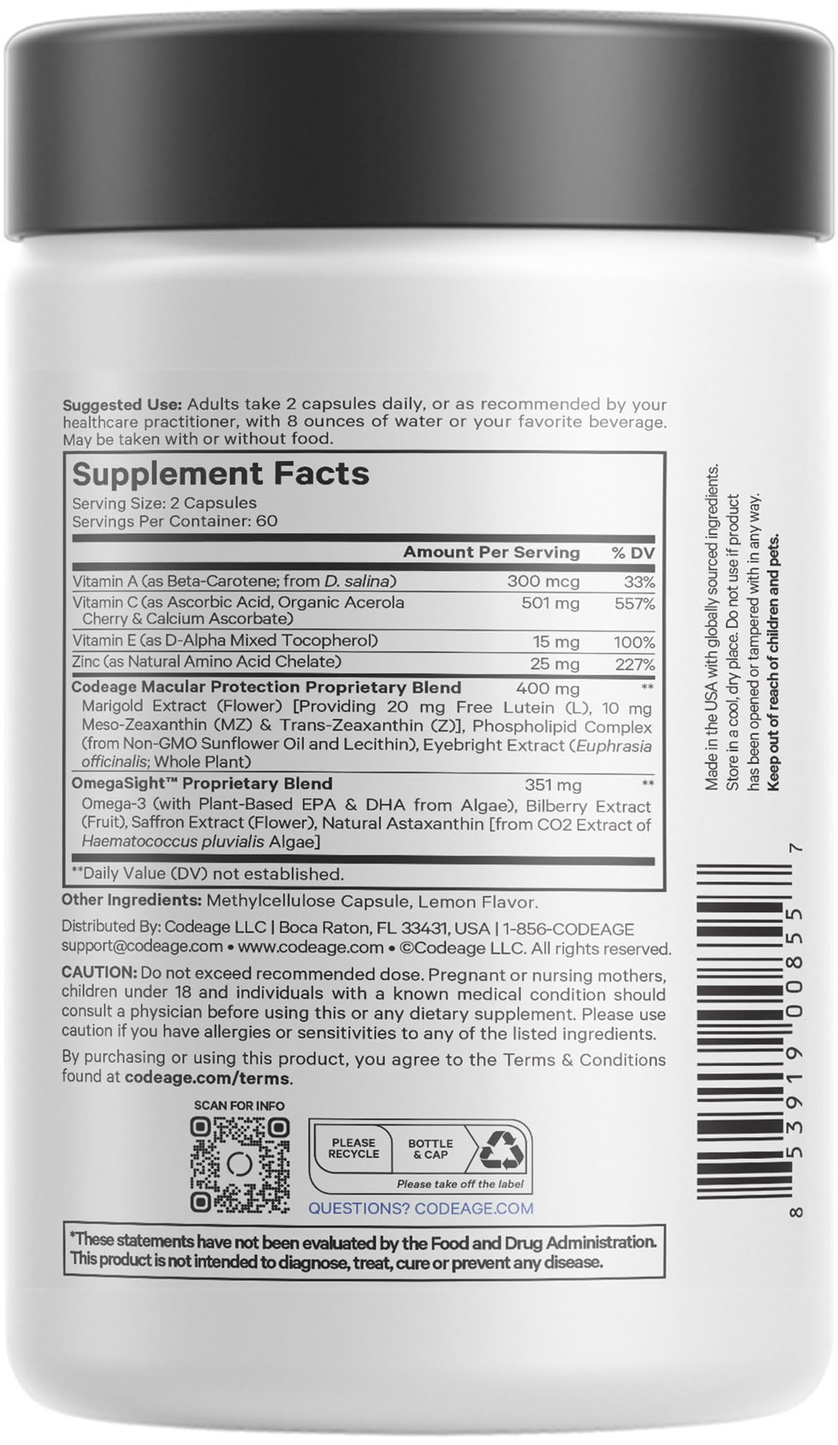 Codeage Eyes Vitamins packaging side highlighting AREDS 2 inspired formula for comprehensive nutrients