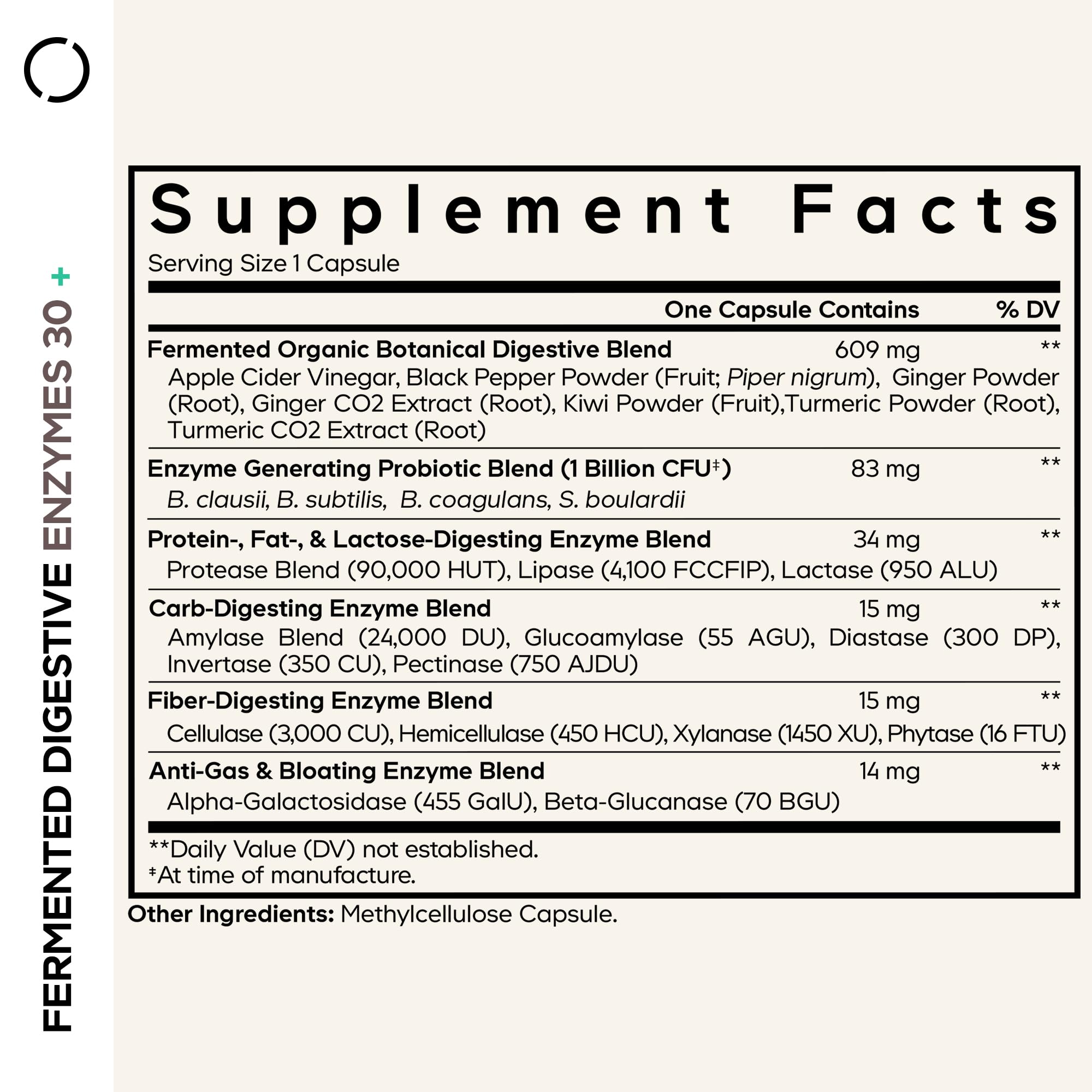 Codeage label close-up showing the enzyme blend and probiotics