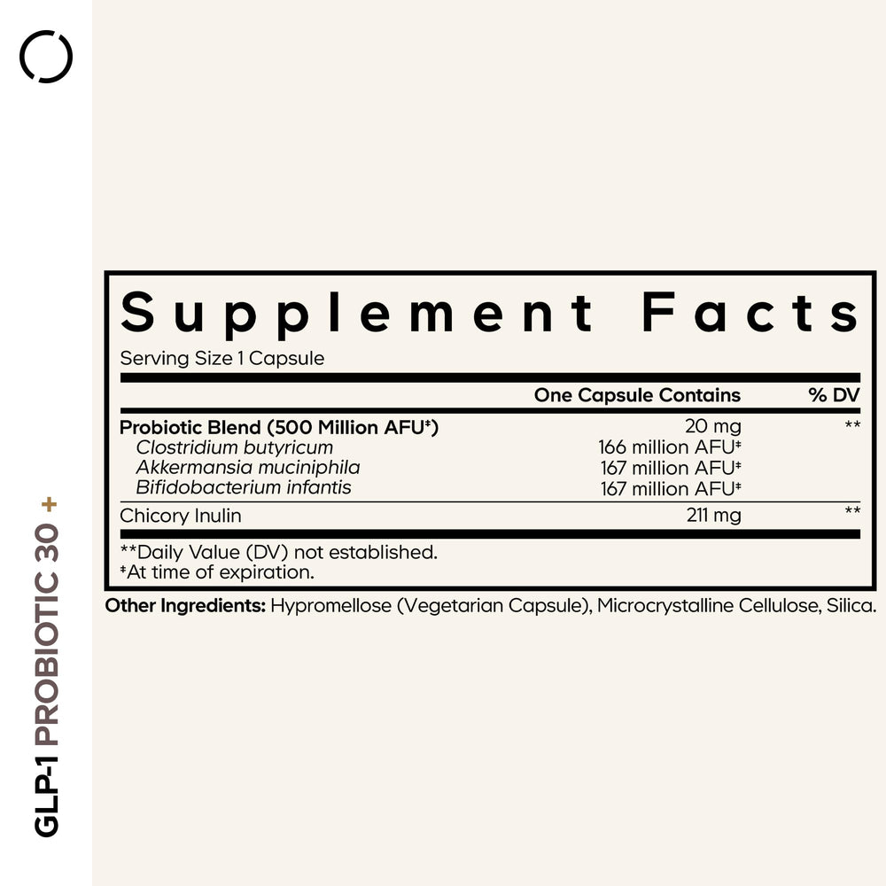 Close-up of capsules in Codeage GLP-1 Probiotic+ bottle for convenient intake.