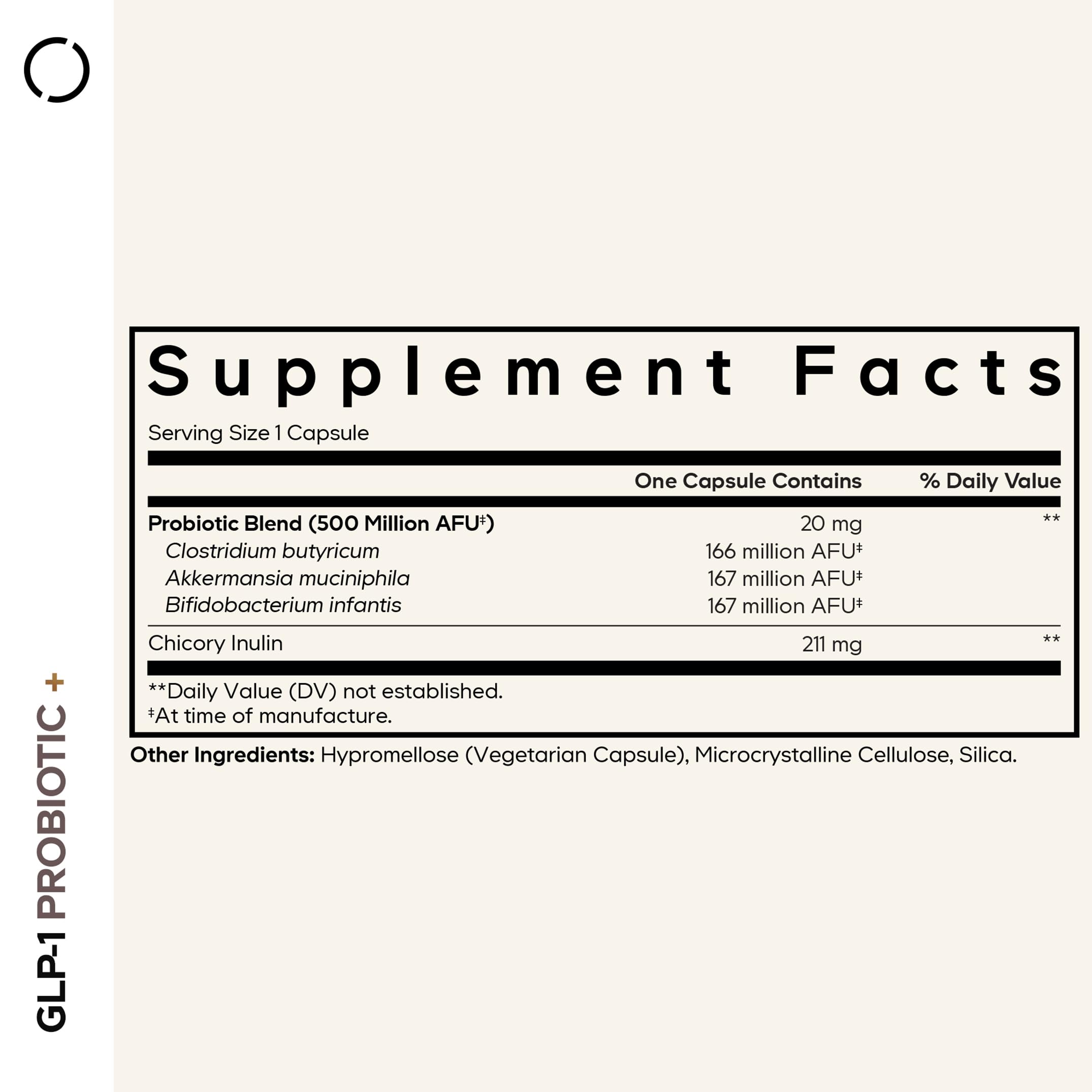 Codeage GLP-1 Probiotic+ label closeup highlighting key strains and chicory inulin