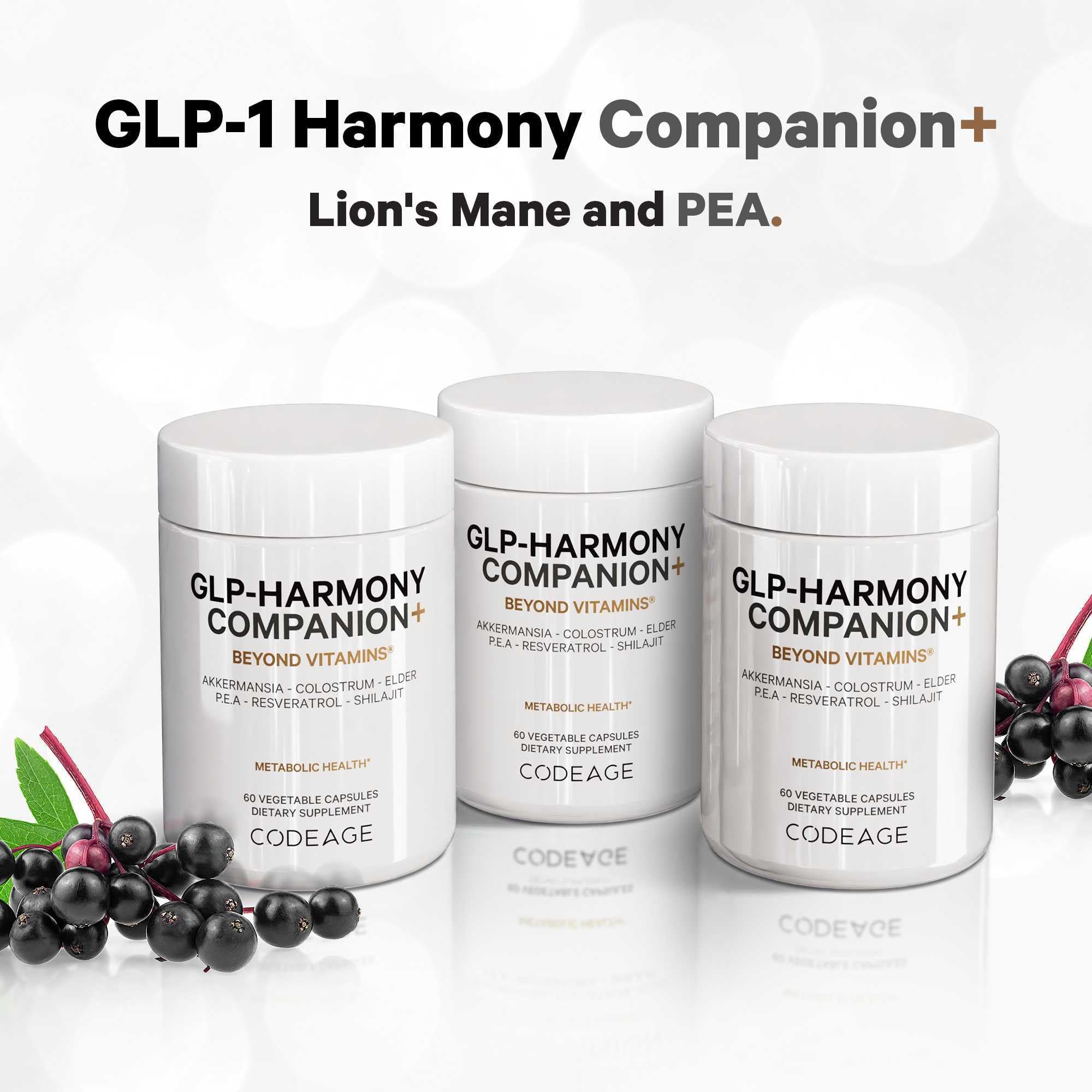 Codeage GLP-Harmony Companion+ ingredients panel featuring Lion's Mane and colostrum