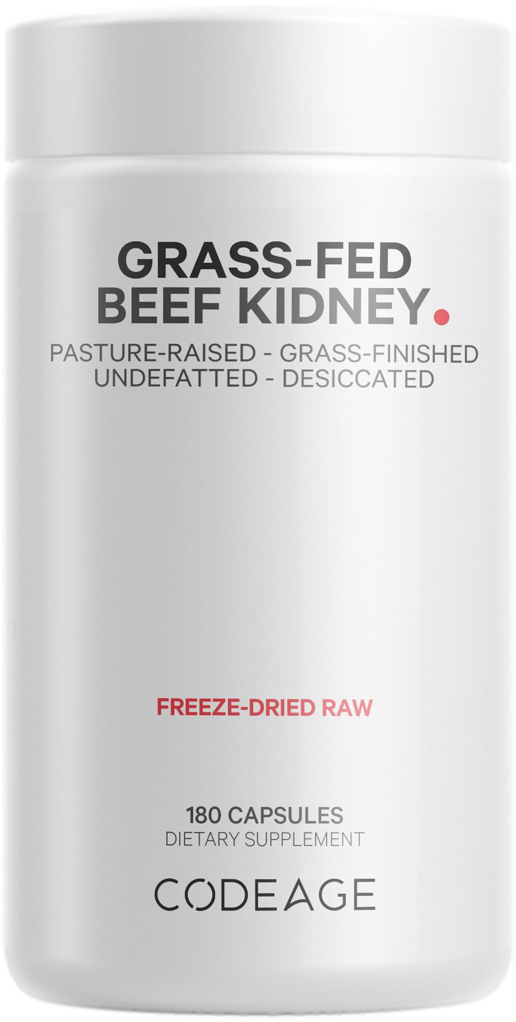 Codeage bottle front shows grass-fed beef kidney capsules for daily support