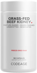 Codeage bottle front shows grass-fed beef kidney capsules for daily support